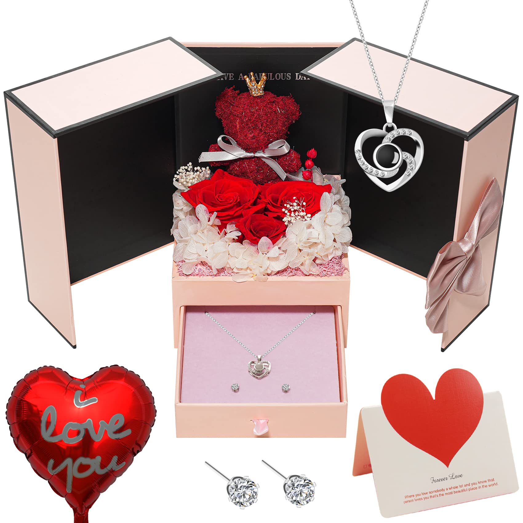 Onory Preserved Rose Bear Gifts Set Includes Necklace with Heart-Shaped I Love You in 100 Languages for Mom Women Wife Mother's Day Valentine's Day Birthday