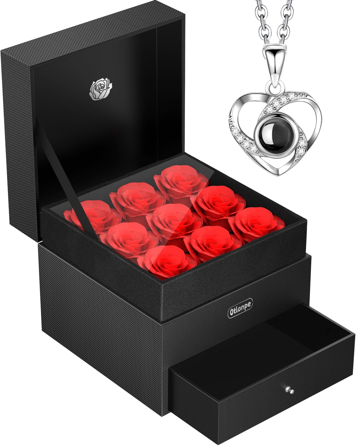 Otlonpe Rose Flowers Mothers Day Gifts for Her, Forever Preserved Artificial Rose Flower 9 Pcs with Necklace in Box, Flower for Christmas Valentines Birthday Gifts for Women Mom wife Girlfriend