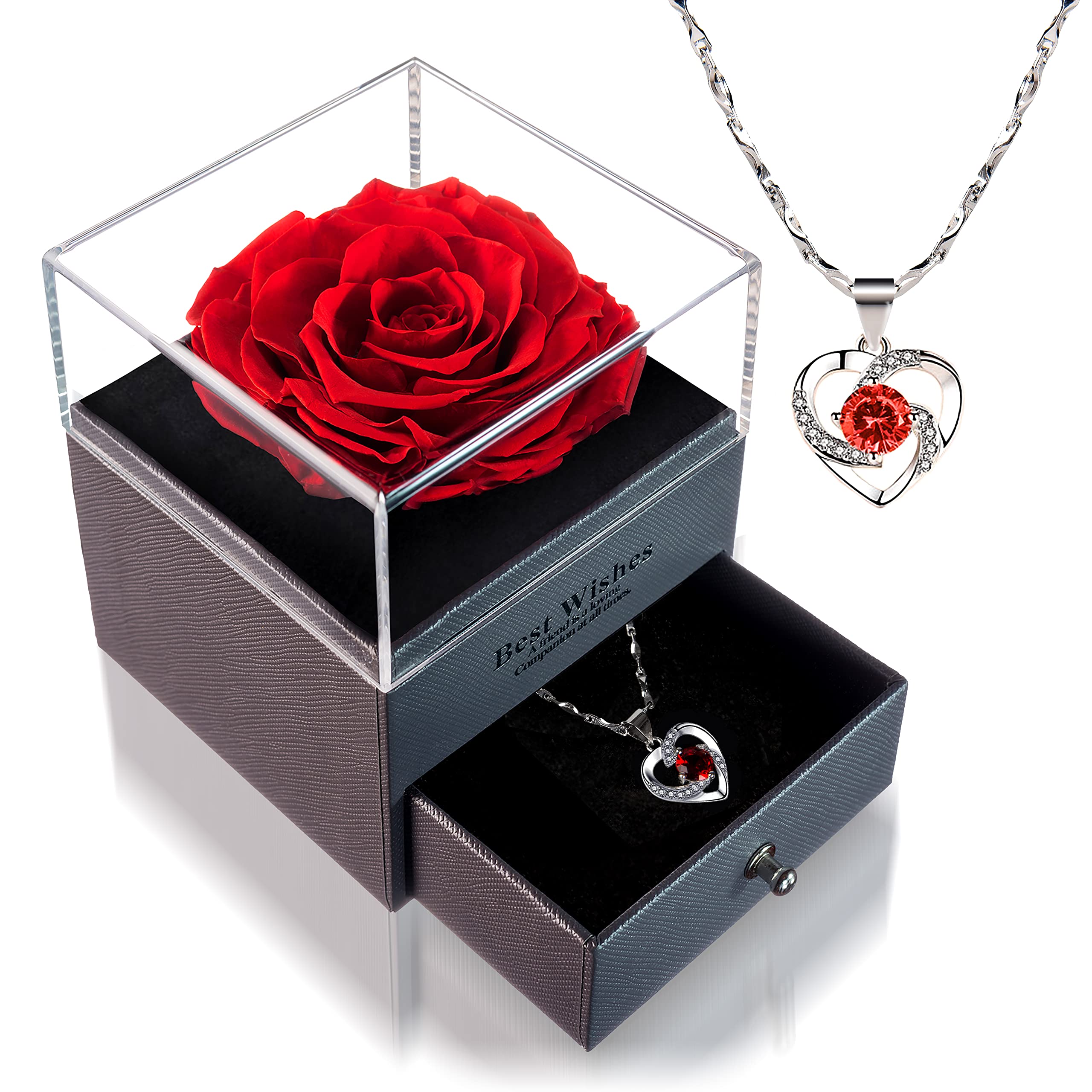 Eternal Enchanted Preserved Rose with Necklace - Infinity Rose in Love Box - Made from Real Fresh Beauty Rose - Romantic Gifts for Her, Female, Mom (Red)