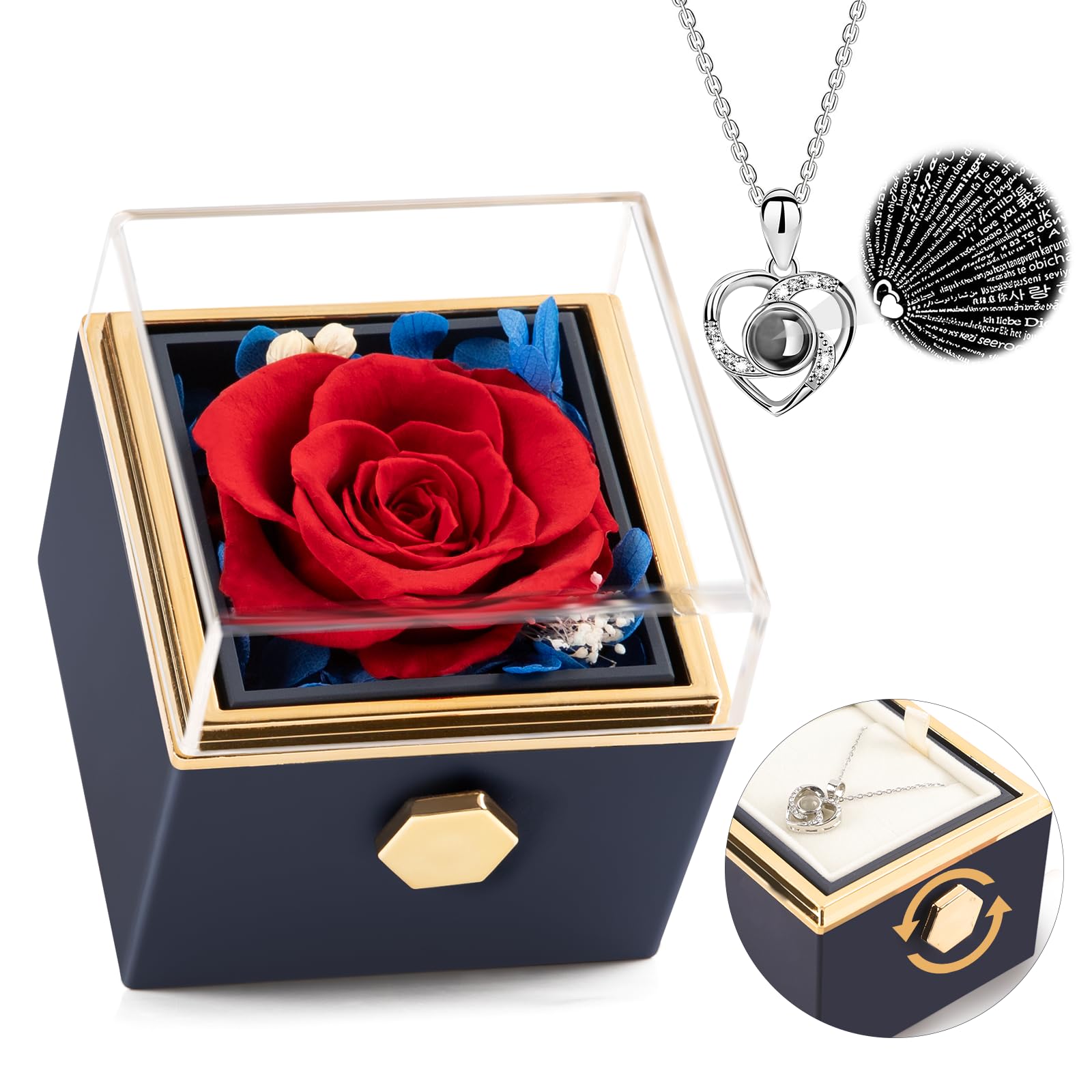 Forever Rose Gifts for Her,Preserved Real Red Flowers Rotating Box with I Love You Necklace 100 Languages,Mothers Day Eternal Rose Rotating Jewelry Box Gifts for Women Mom Wife Girlfriend