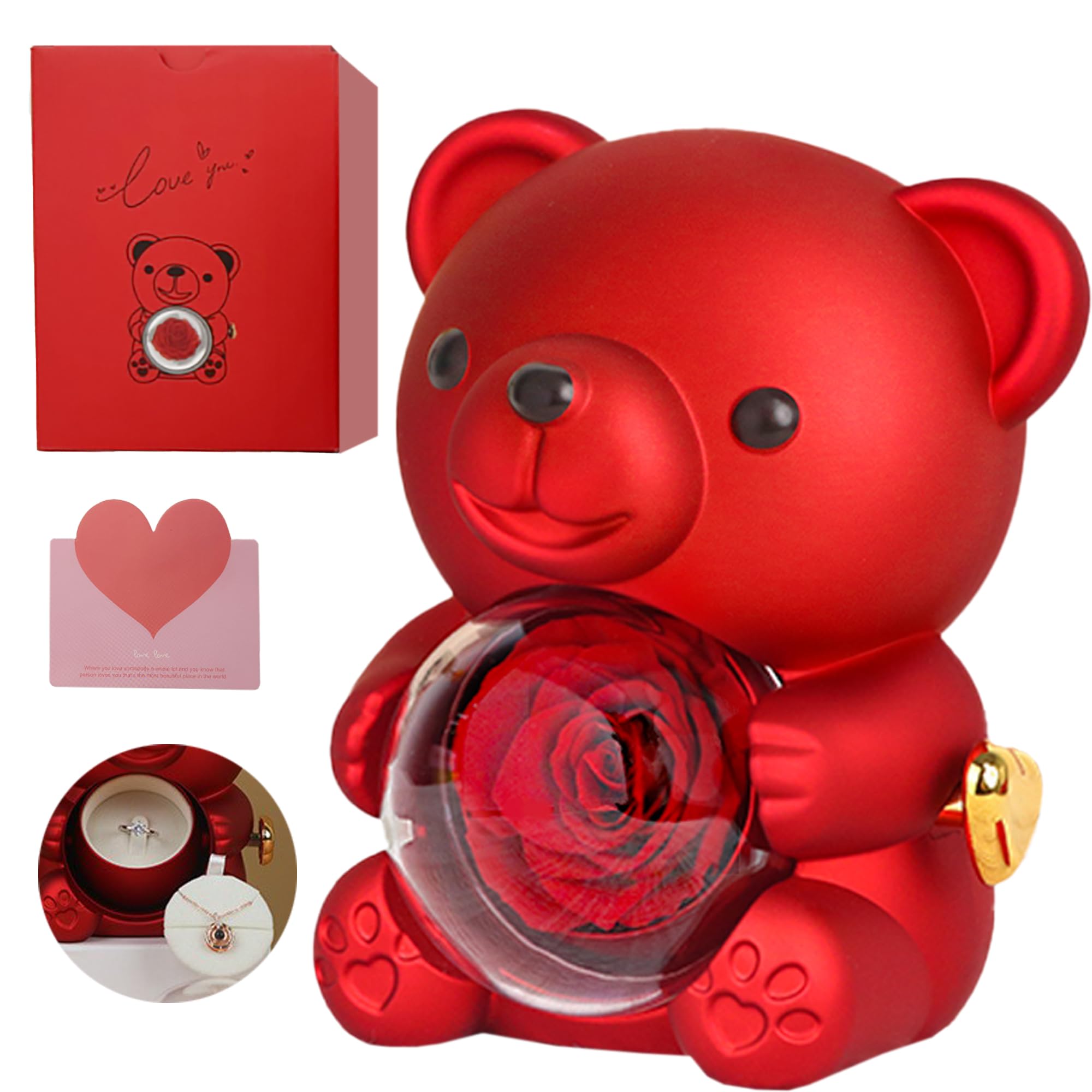 Real Rose Bear Gift Box - Romantic Cute Teddy Hug Bear with Preserved Eternal Real Red Rose Flower for Her Women Girlfriend Valentine's Day - Rotating Jewelry Necklace Box with Gift Bag & Card