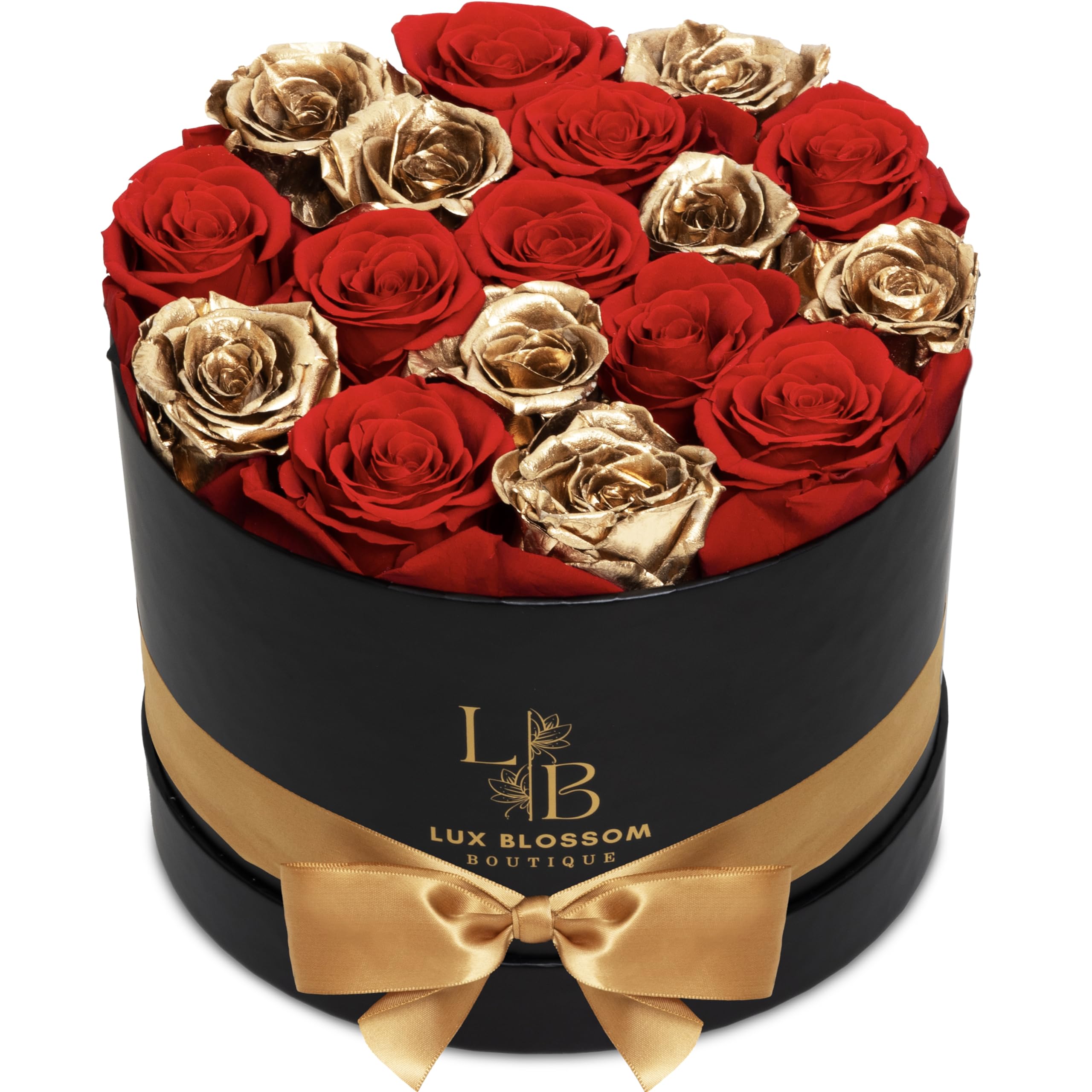 Forever Roses in a Box - Luxury Gold & Red Preserved Flowers, Gold Roses, Glitter Rose Alternative, Gifts for Girlfriend and Mother's Day, Flowers for Delivery Prime, Black Box