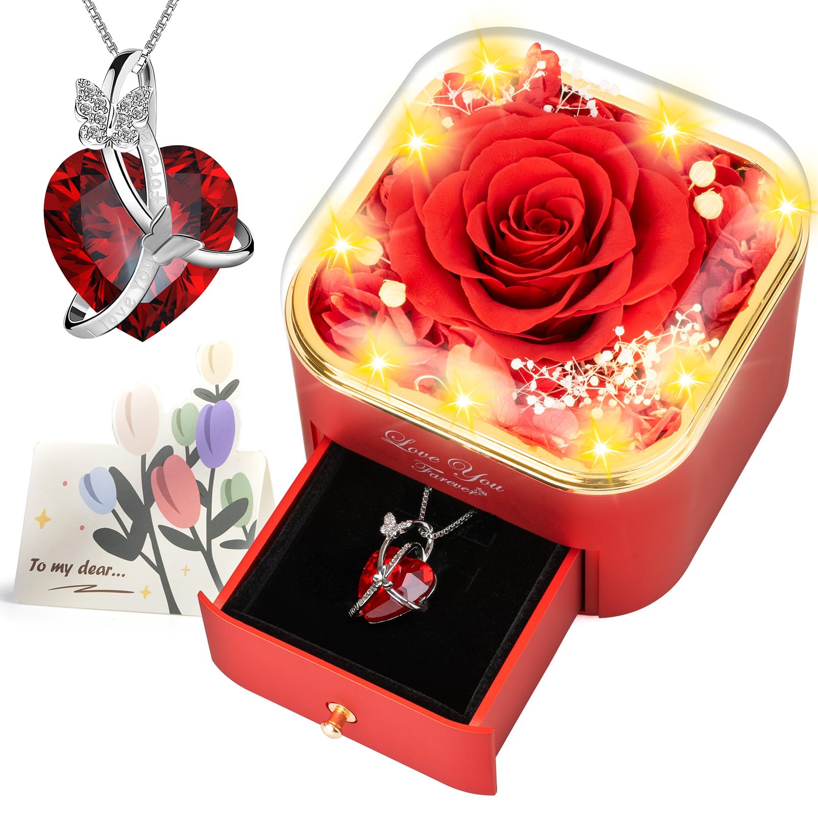 Preserved Red Real Rose with Necklace Jewelry Box -Eternal Flowers Rose Gifts for Grandma Wife Girlfriend on Valentines Mothers Day Christmas Birthday Anniversary Romantic Gifts for Her