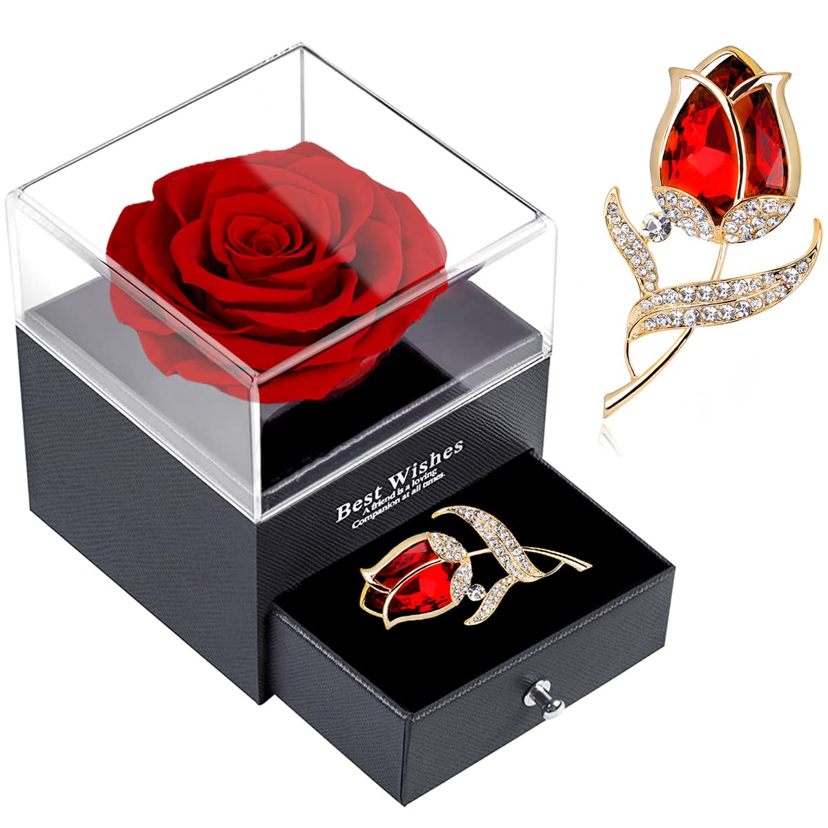 Preserved Red Rose Gift Box- Enchanted Real Rose with Ruby Rose brooch, Eternal Rose Flower in Jewelry Box, Handmade Rose,Forever Red Rose Gift for her On Christmas Mother's Day, Anniversary.