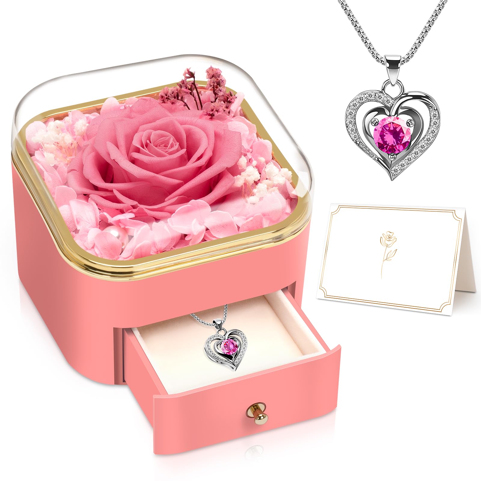 Preserved Flower Gifts for Women, Birthday Rose Flowers Gifts for Wife Girlfriend, Anniversary Rose Gift Ideas for Her, Box Flower with Necklace Christmas Gifts for Mom Grandma Mother(Pink)