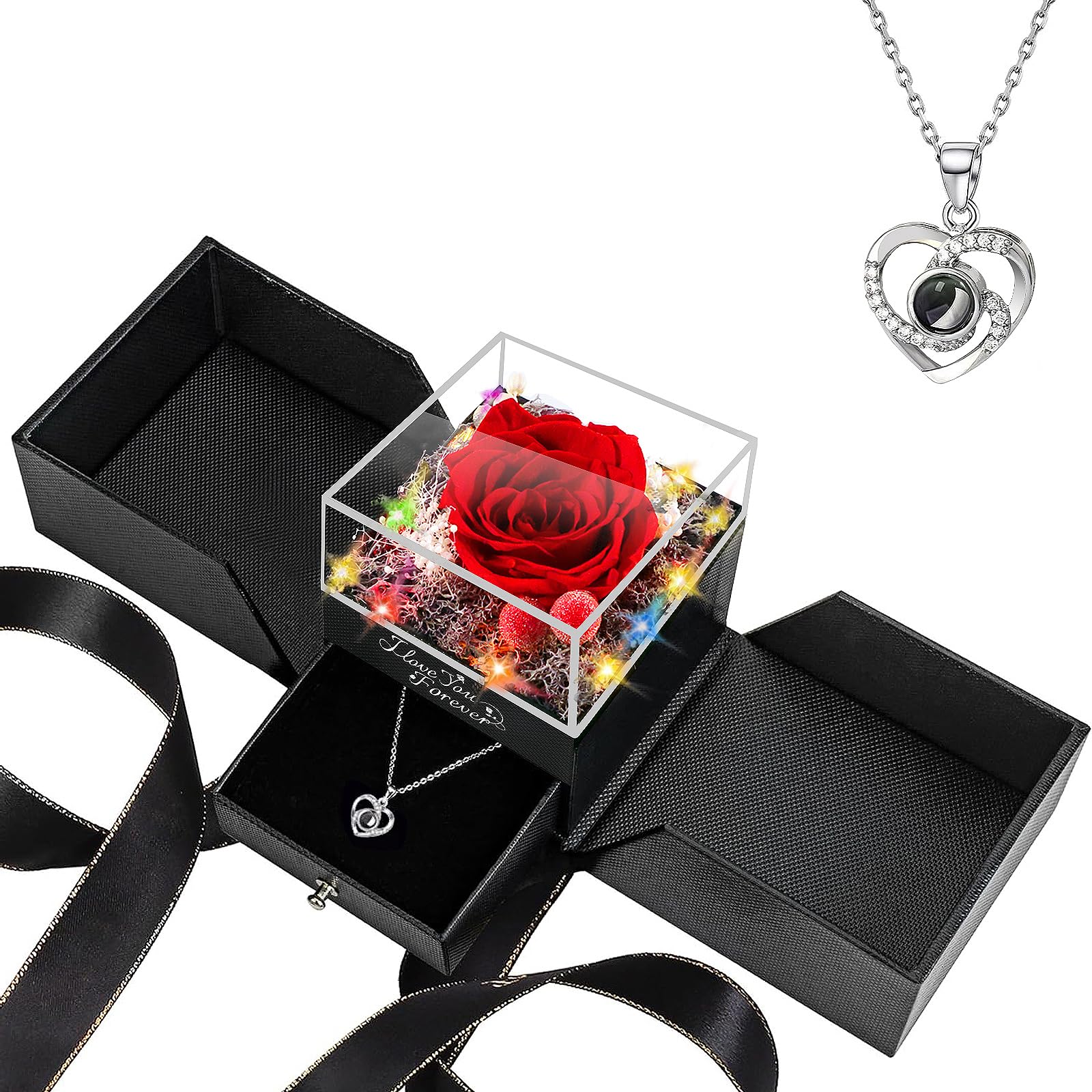 Birthday Gifts for Women Forever Rose: Preserved Real Flower in Box with Heart Necklace on Mothers Day for Women Her Mom Wife Girlfriend Grandma Red