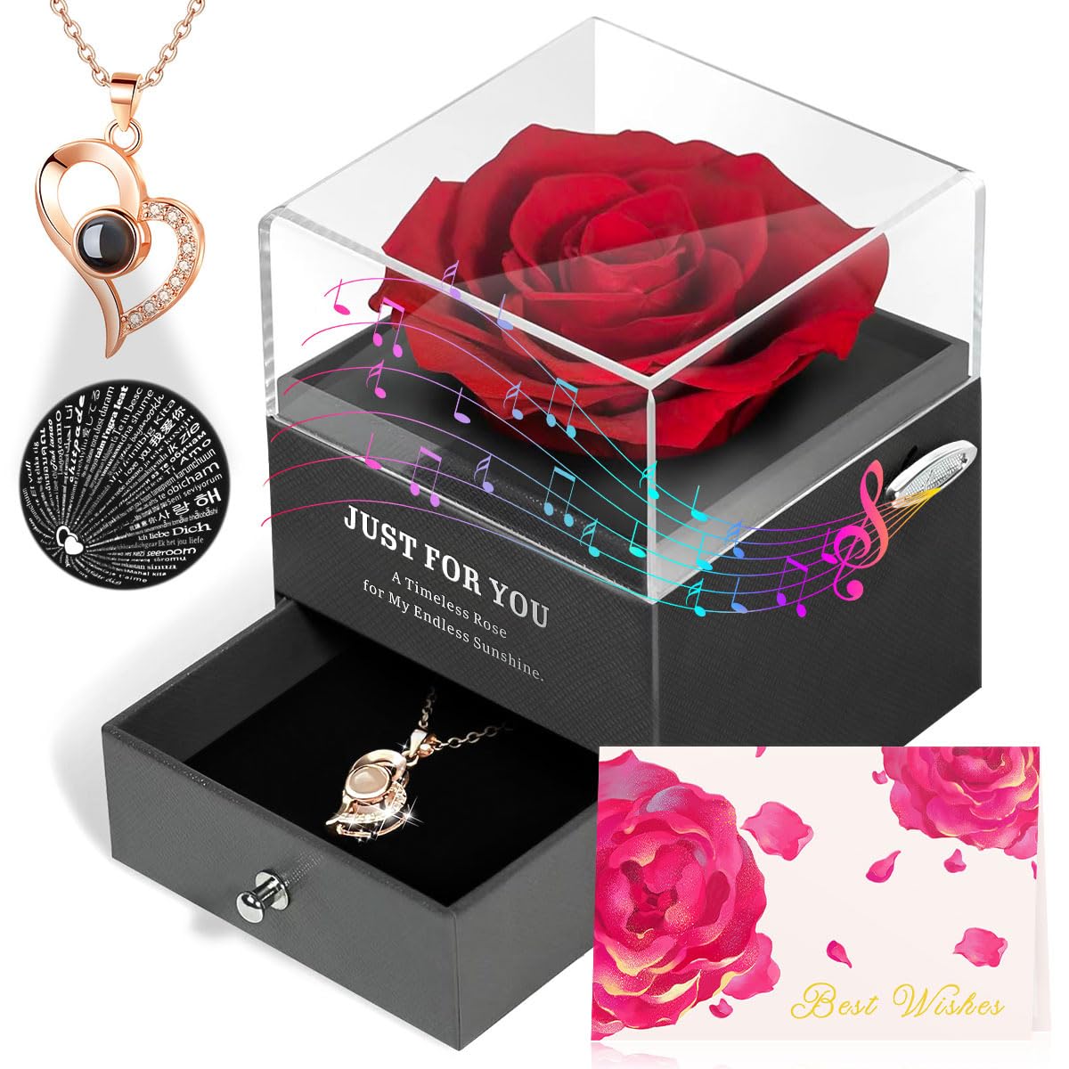 Preserved Rose Gifts for Mom Birthday – Forever Real Rose Music Box for Women – You Are My Sunshine Gifts for Mom Grandma Wife Girlfriend – Eternal Roses Box with I Love You Necklace in 100 Languages
