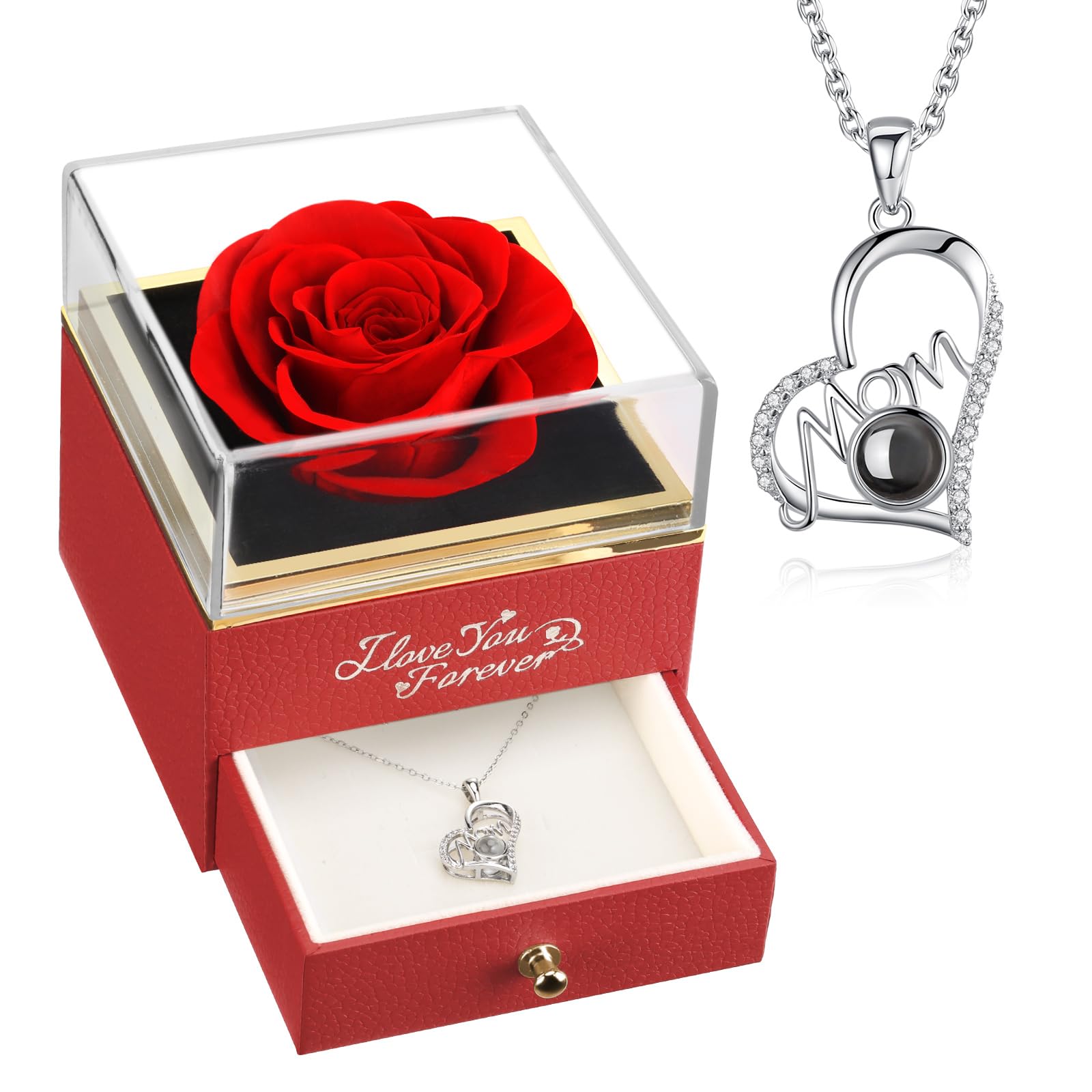NEWNOVE Preserved Real Red Rose with Mom Necklace - Gifts for Mothers Day, Christmas, Birthday Gifts for Mom - Best Presents for Moms