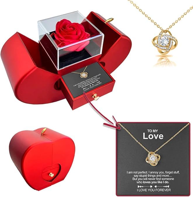 Preserved Handmade Red Rose With Hollow Clavicle Necklace,Jewelry Boxes With Necklace For Girlfriend,Wife,Mom With ''To My Love'' Card