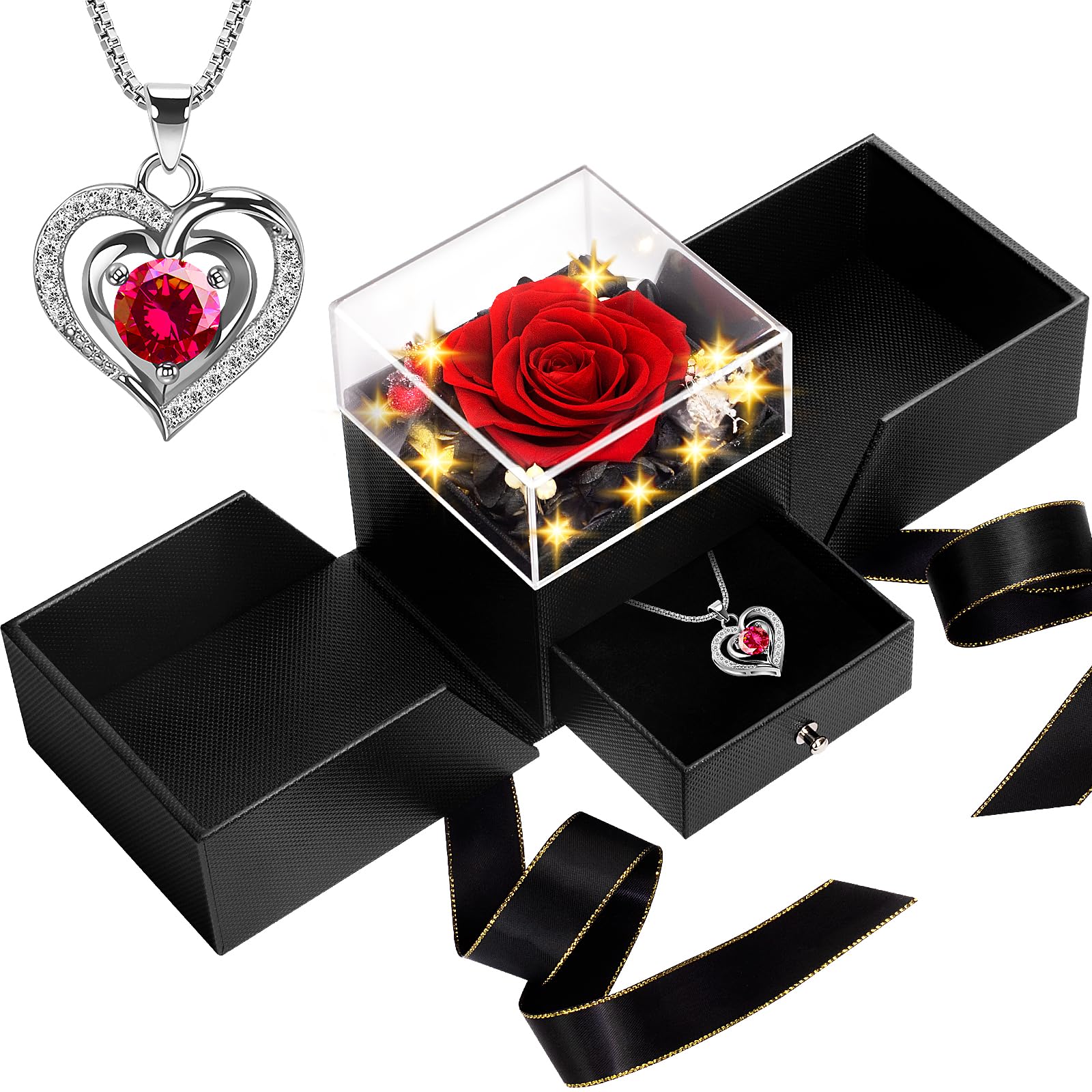 Birthday Gifts for Women, Preserved Rose with Necklace & LED Light in Gift Box, Eternal Flowers Rose Gifts for Women Wife Girlfriend, Women Gifts for Birthday, Anniversary, Christmas(Red)