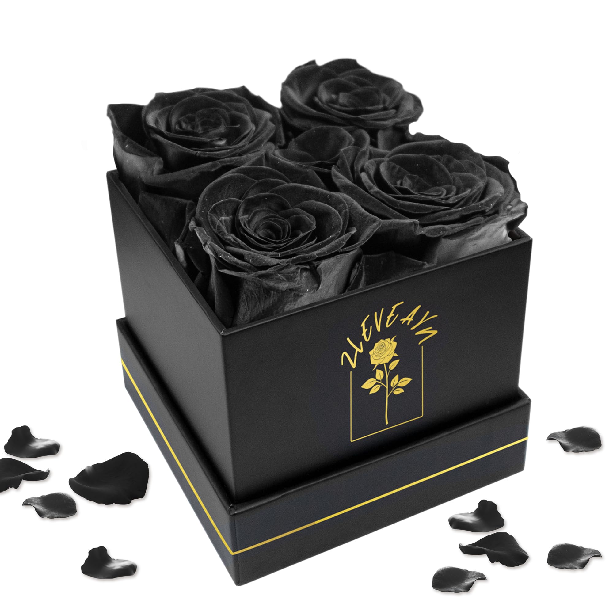 4 Pcs Fresh Preserved Roses in a Box Forever Real Flowers Birthday Valentine's Day Gifts Eternal Love for Her Women Mom(Black, Black Box)