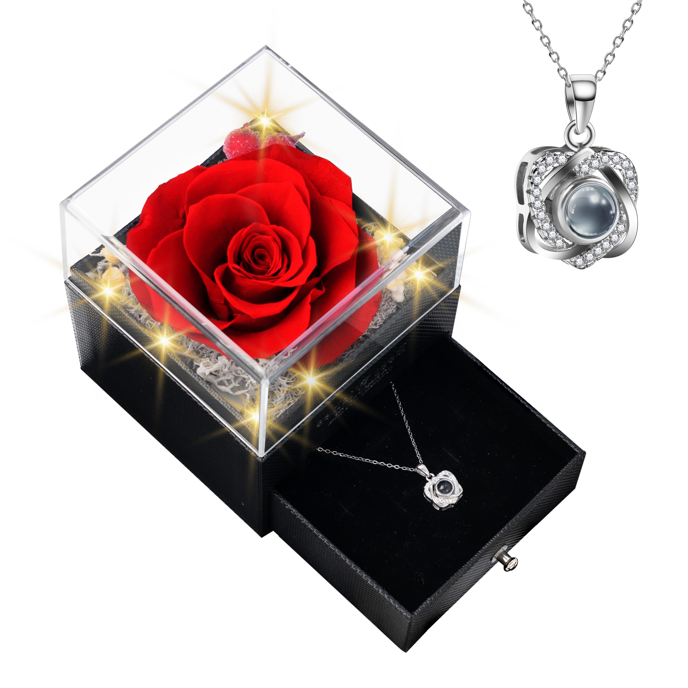 I Love You Necklace 100 Languages, Preserved Rose with Necklace, 925 Sterling Silver Rose Necklace for Women Mom Wife Girlfriend with Box on Wedding Anniversary Valentines Day Mother’s Day