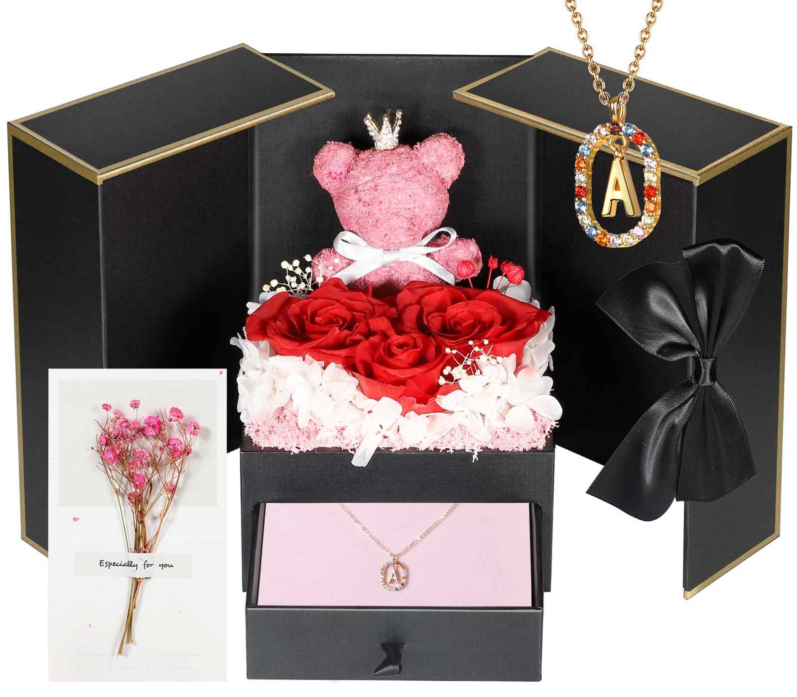 Cute Preserved Real Roses Bear Gift Box for Girlfriend with Initial Necklace A, Unique Birthday Gift for Mom, Her, Grandma, Anniversary Presents for Wife