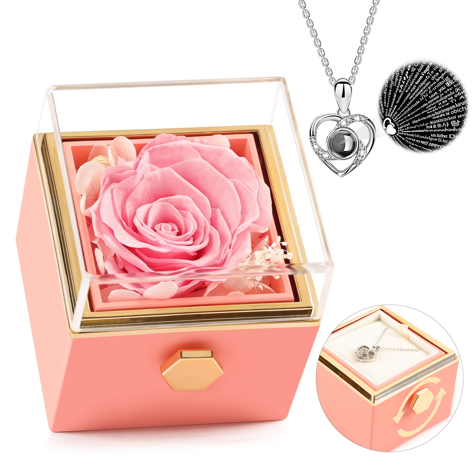 Preserved Real Pink Forever Rose Rotating Box with I Love You Necklace 100 Languages,Eternal Flower Rotating Jewelry Box Gifts for Women Mom Grandma Wife Girlfriend,Mothers Day Birthday