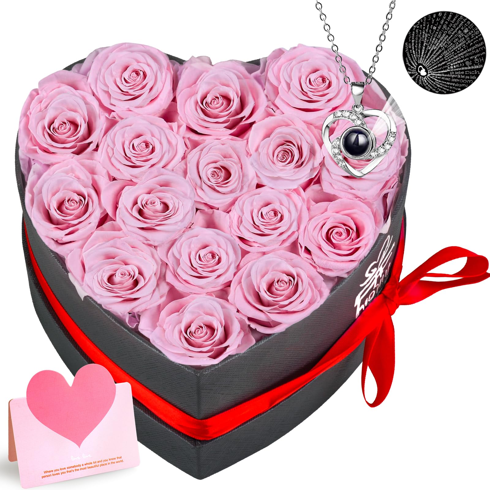 for Mom,16 Piece Preserved Forever Roses Heart Shaped Box with Necklace,Gifts for Women,Girlfriend, Mom, Wife, Birthday, Anniversary, Thanksgiving, Christmas
