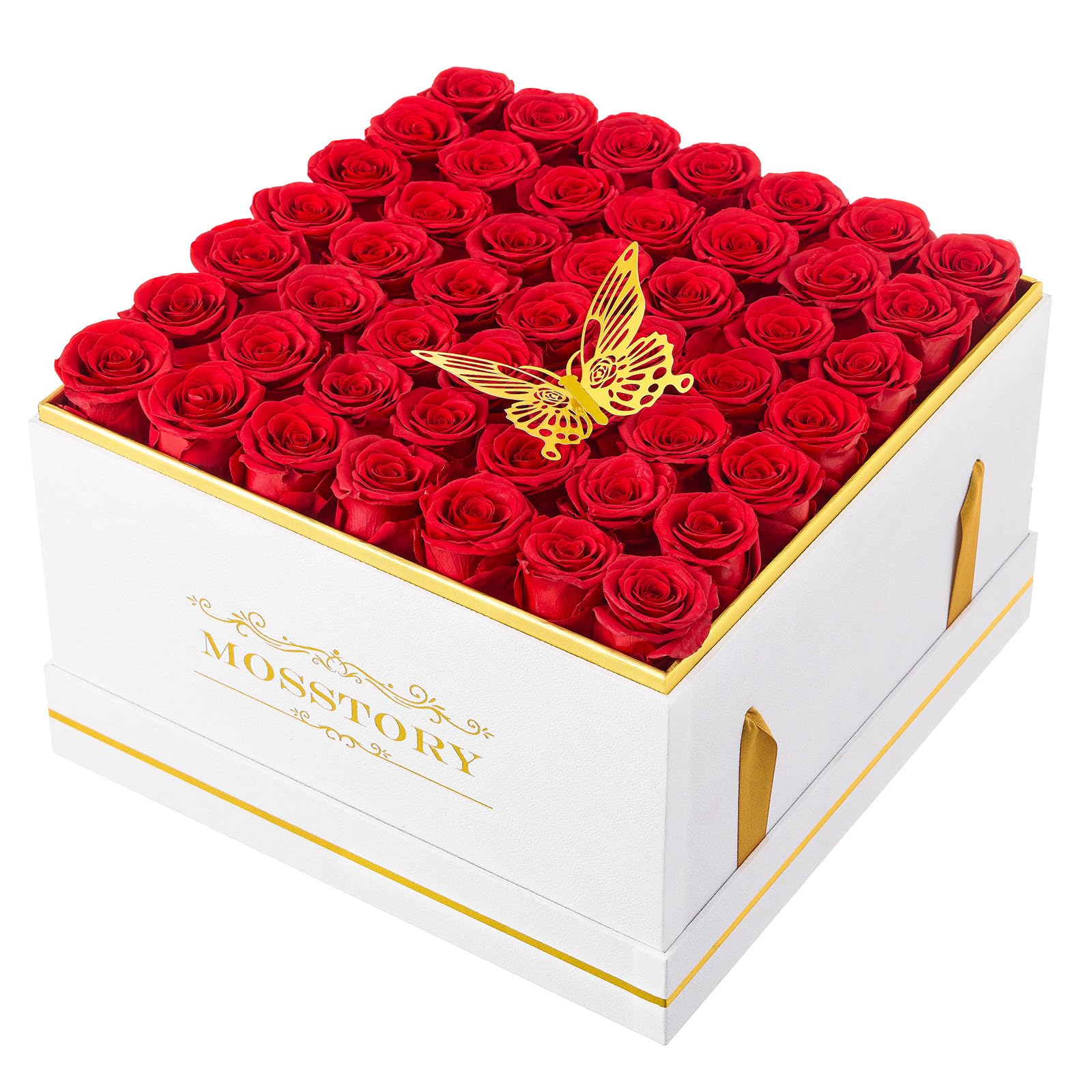 Forever Flowers 49-Piece Preserved Roses in a Box Gifts for Her Women Wife Mother Day Christmas Anniversary (Red Roses, Square White Suede Box)