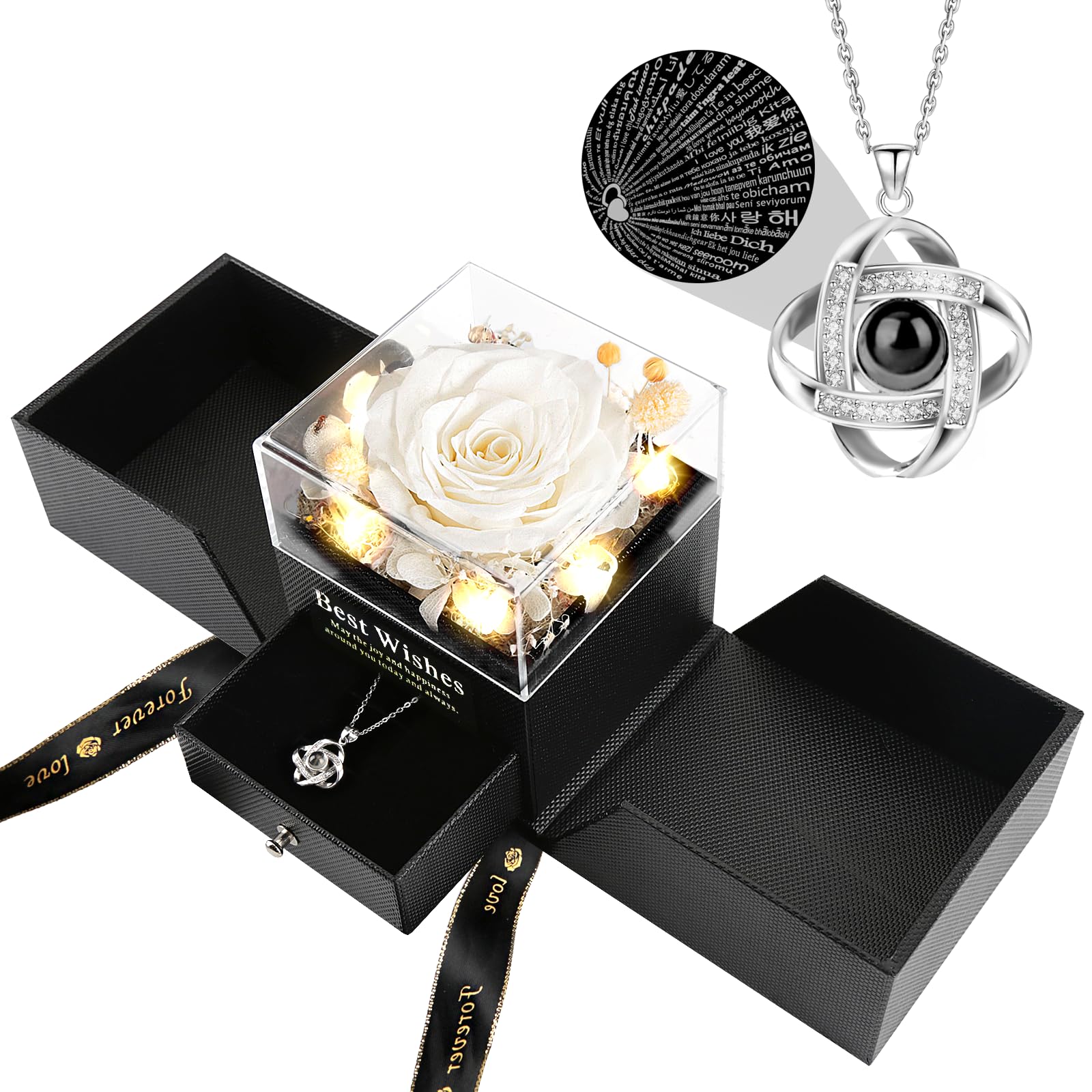 Preserved Real Rose Gifts with Necklace, Eternal Flowers Birthday Gifts for Women Wife Girlfriend Mom Grandma, Ideal for Anniversary Christmas Valentines with led Light Jewelry Box-White