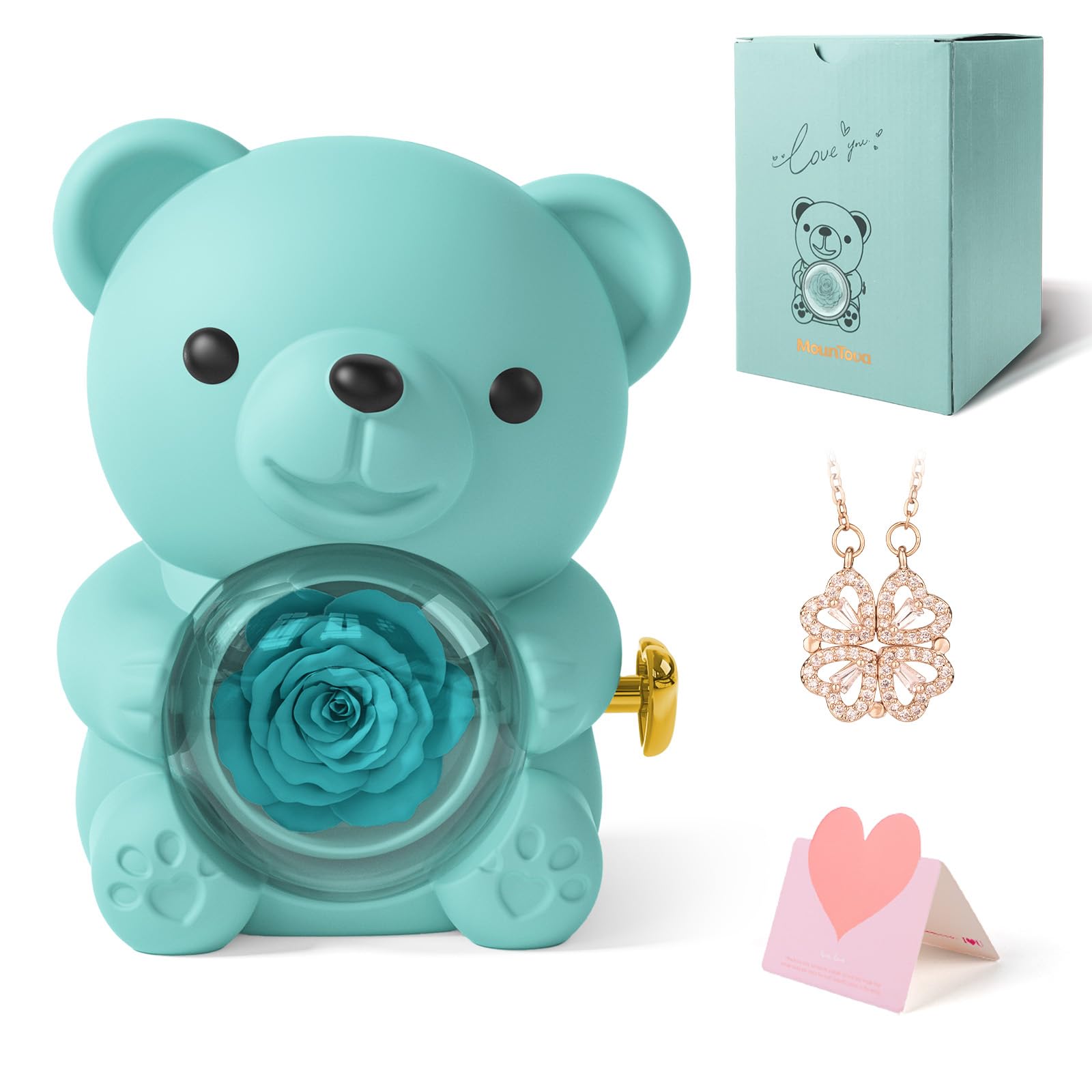 Romantic Teddy Bear with Preserved Rose and Necklace, Real Rose in Elegant Gift Box for Women, Bear Roses Gifts for Valentine's Day,Weddings,Mother's Day,Anniversary,Birthday,Christmas, Blue