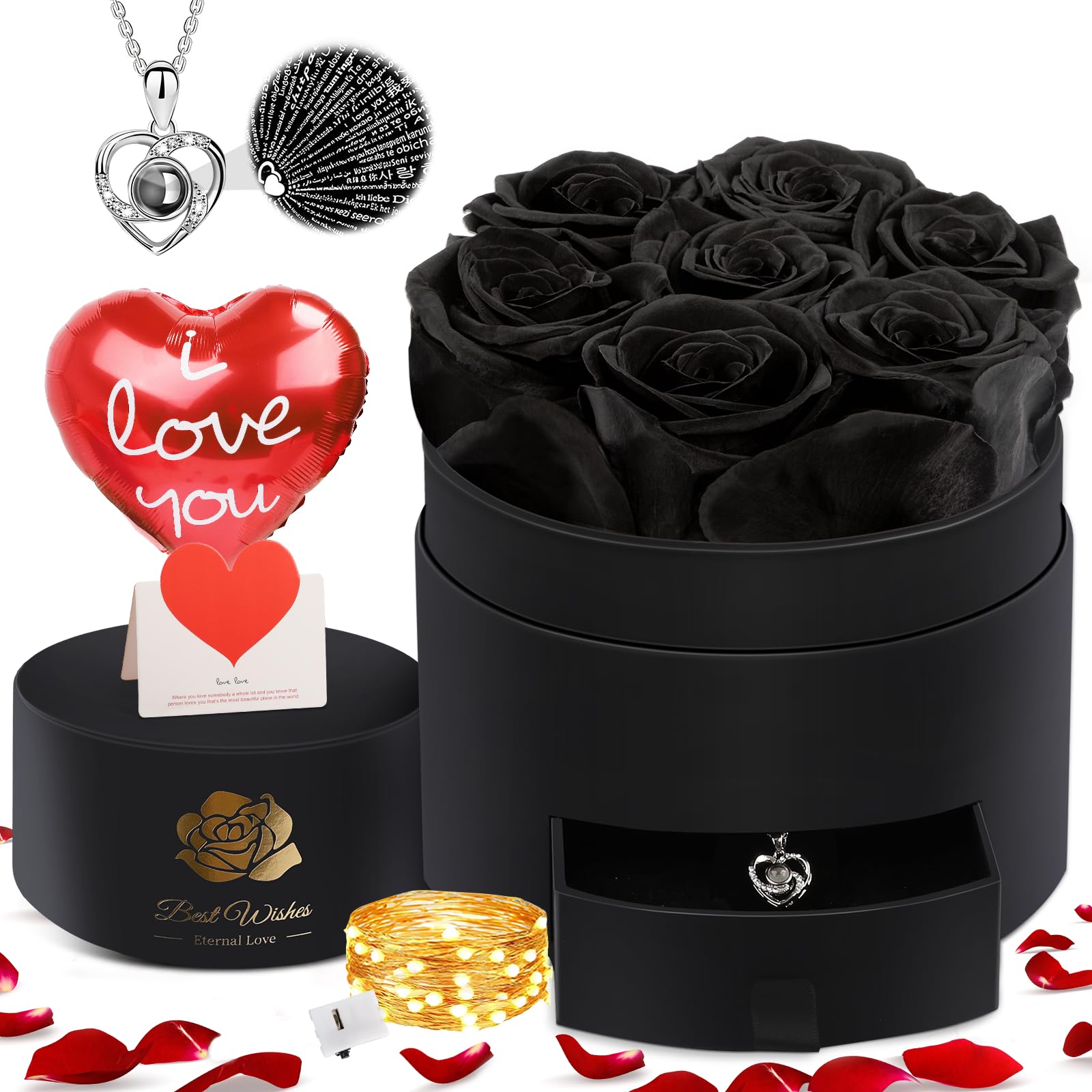 Preserved Flowers in a Box with Necklace Mothers Day Gifts for Her Flower for Delivery Prime That Last 3-5 Years Forever Black Roses for Mom Wife Women Girlfriend Wedding Anniversary Birthday Gift