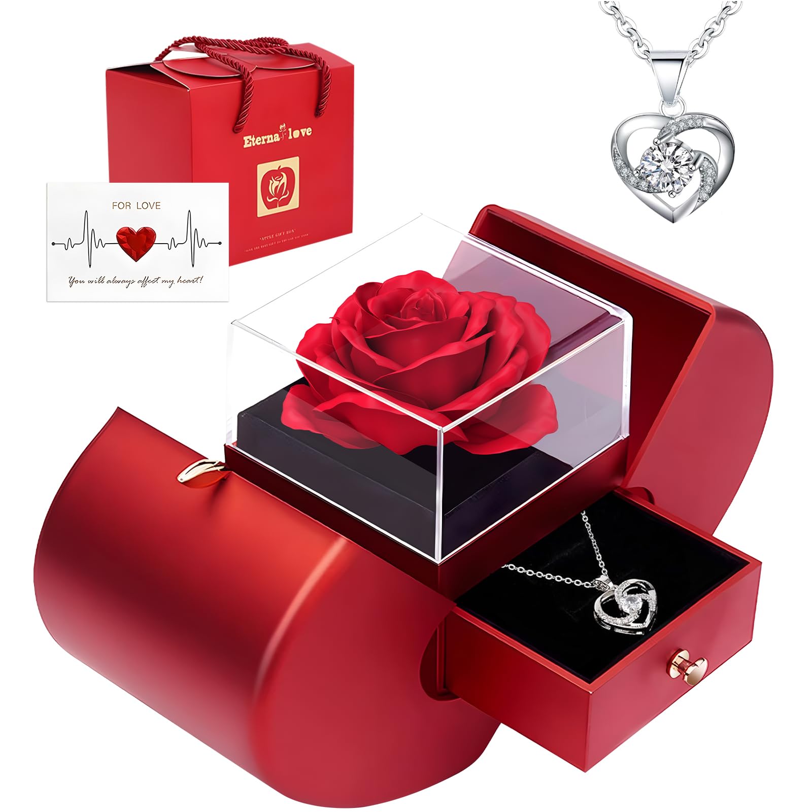 Valentines Preserved Red Rose in Heart Box with 925 Sterling Silver Necklace, Valentine's Gift for Girlfriend, Wife, Women, Birthday, Anniversary, Thanksgiving