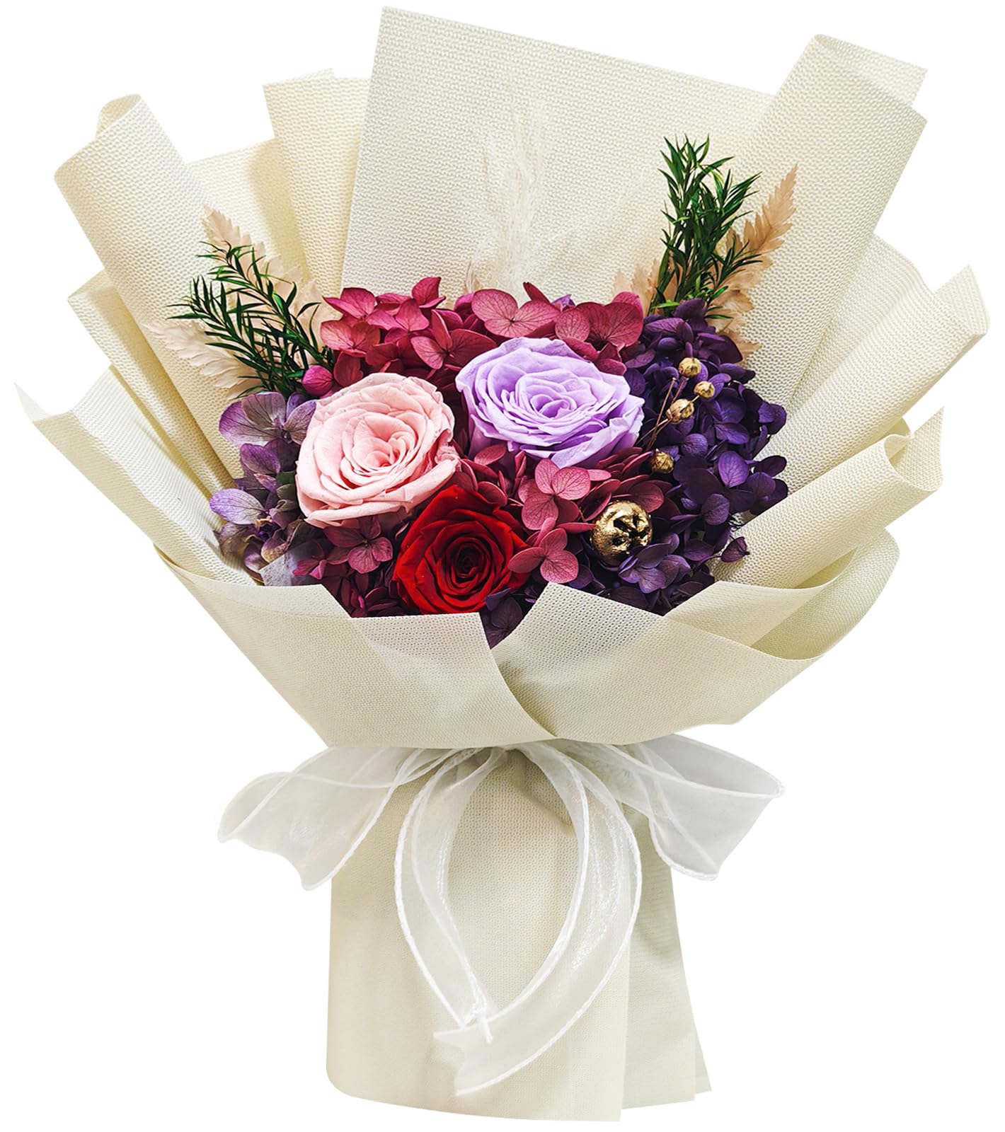 Forever Flowers Bouquet in Luxury Gift Box - Handmade Preserved Real Roses Hydrangea, 3-5 Years Long Lasting, Romantic Birthday/Valentine/Mothers Day Gift for Her, Wife, Mom (White)