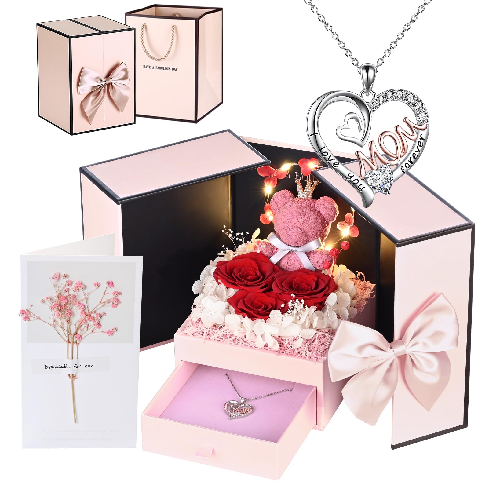 Preserved Flowers Rose Bear Gift Box with Mom Necklace Greeting Flower Card for Best Mom Ever Gift Mother's Day