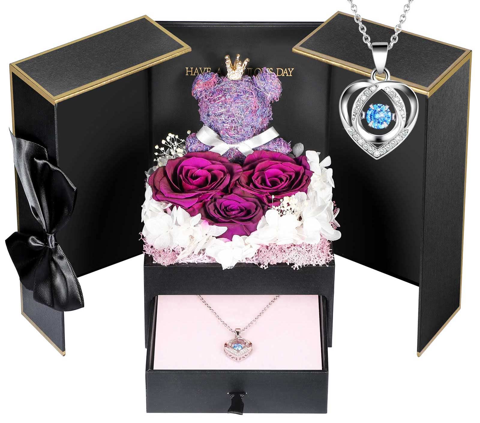 ADDWel Preserved Rose Gifts for Her, Forever Real Purple Flowers with Sterling Silver Necklace for Wife Girlfriend Mom on Birthday Anniversary