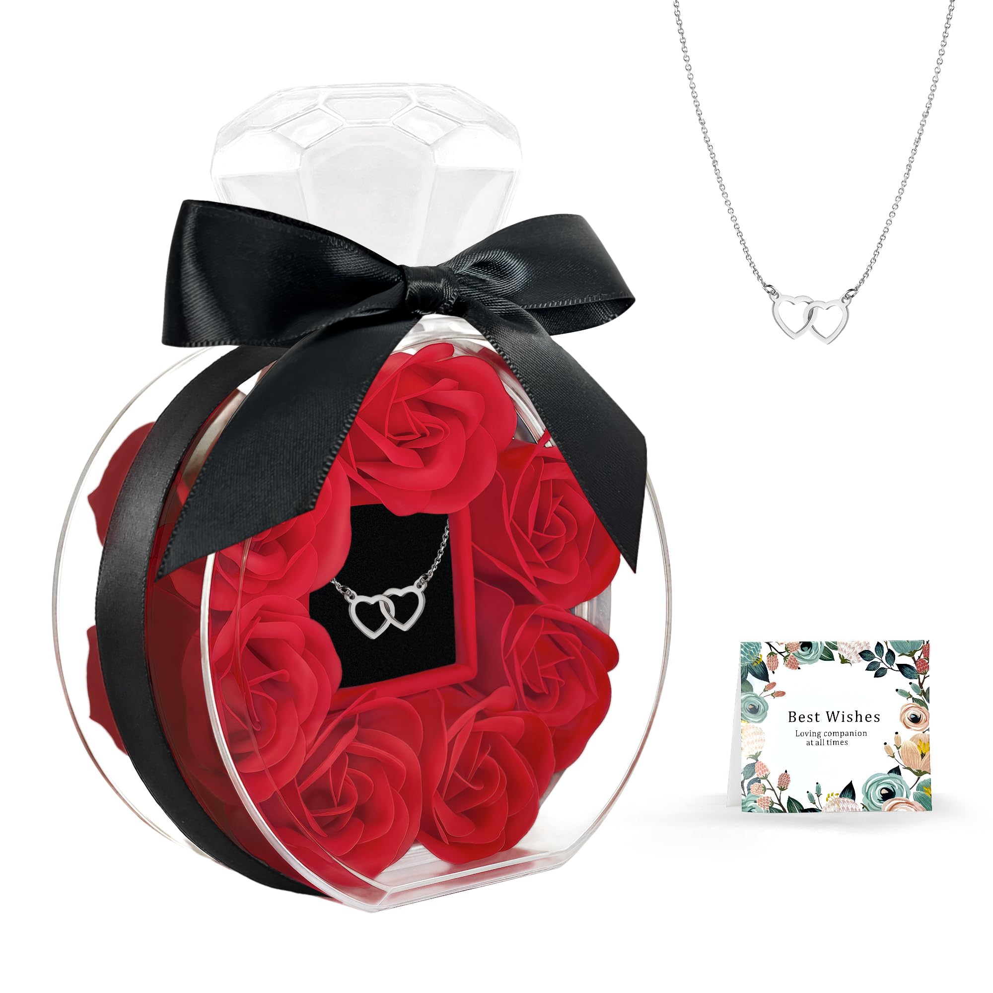 Preserved Rose with Heart Necklace Gift Artificial Flower Valentines Mothers Day for Girlfriend Mom Birthday Anniversary Personalized Romantic Gifts(Red)