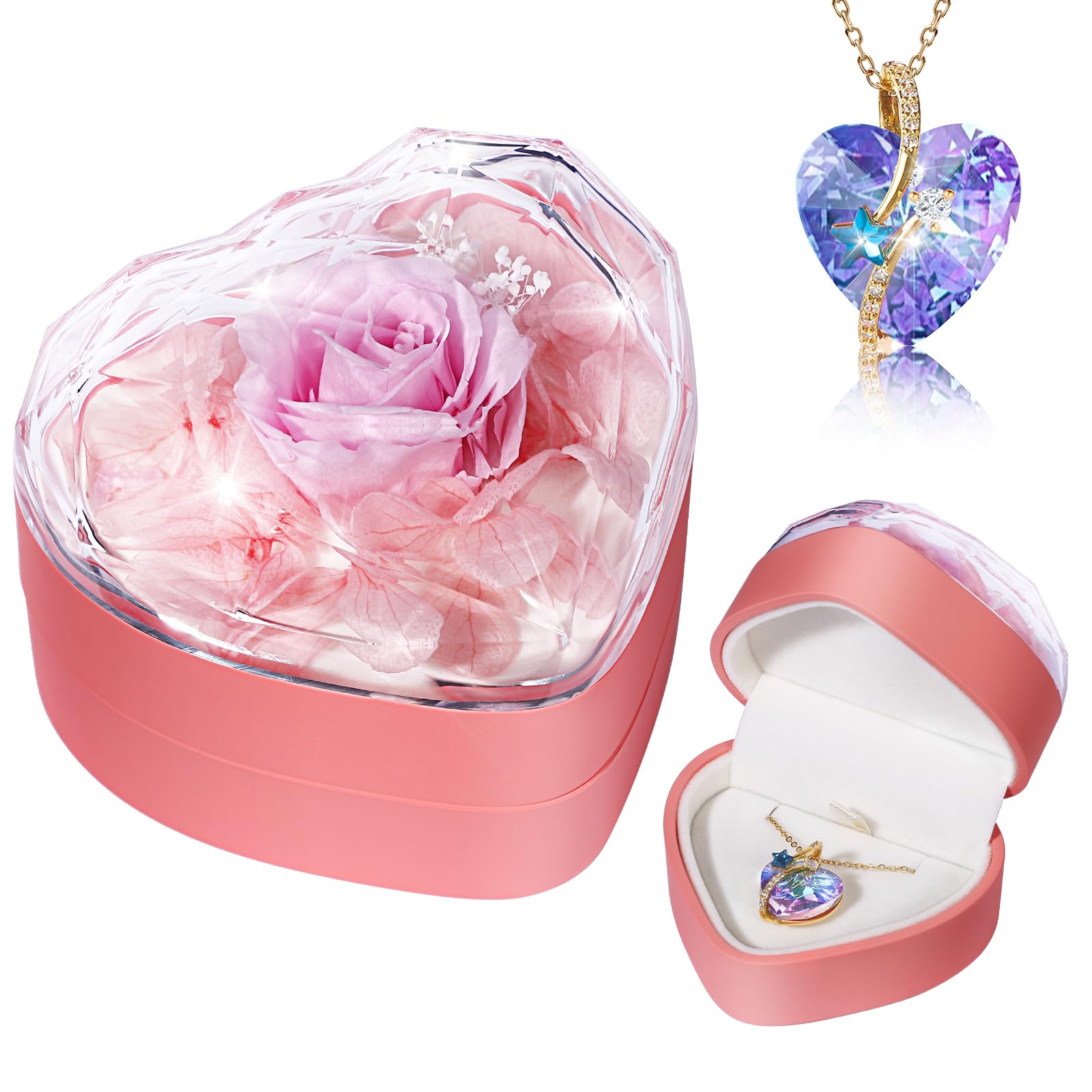 Rose Necklace Heart Necklace, Preserved Flower Gifts for Women, Eternal Rose Heart Gemstone Pendant, Gifts for Women, Christmas, Valentine's Day, Mother's Day Gifts