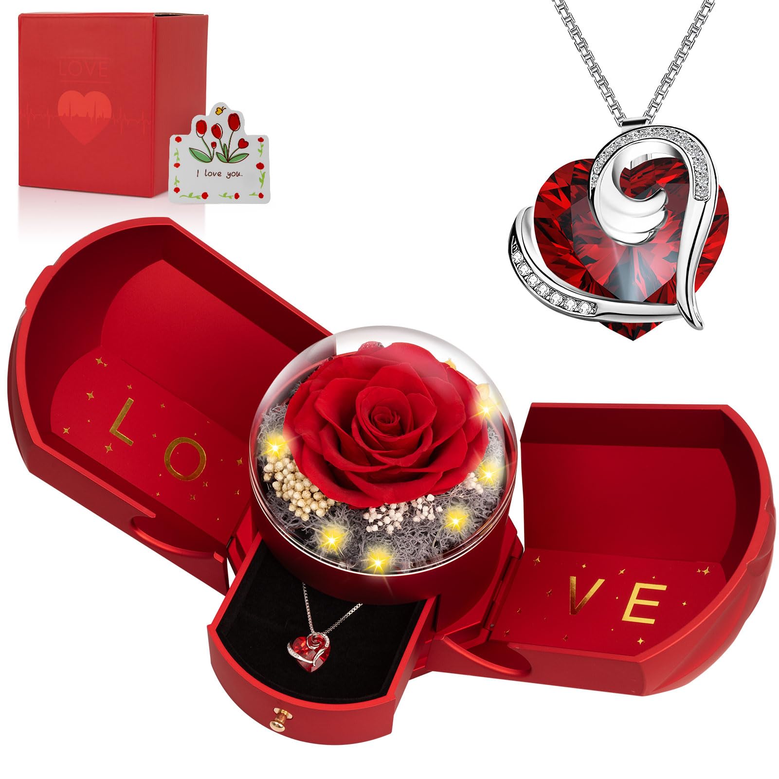 Preserved Real Red Rose with Necklace Forever Flowers Rose Birthday Gifts for Women Her Mom Wife Girlfriend Grandma on Valentines Mothers Day Sweetest Day Christmas Anniversary Romantic-Red