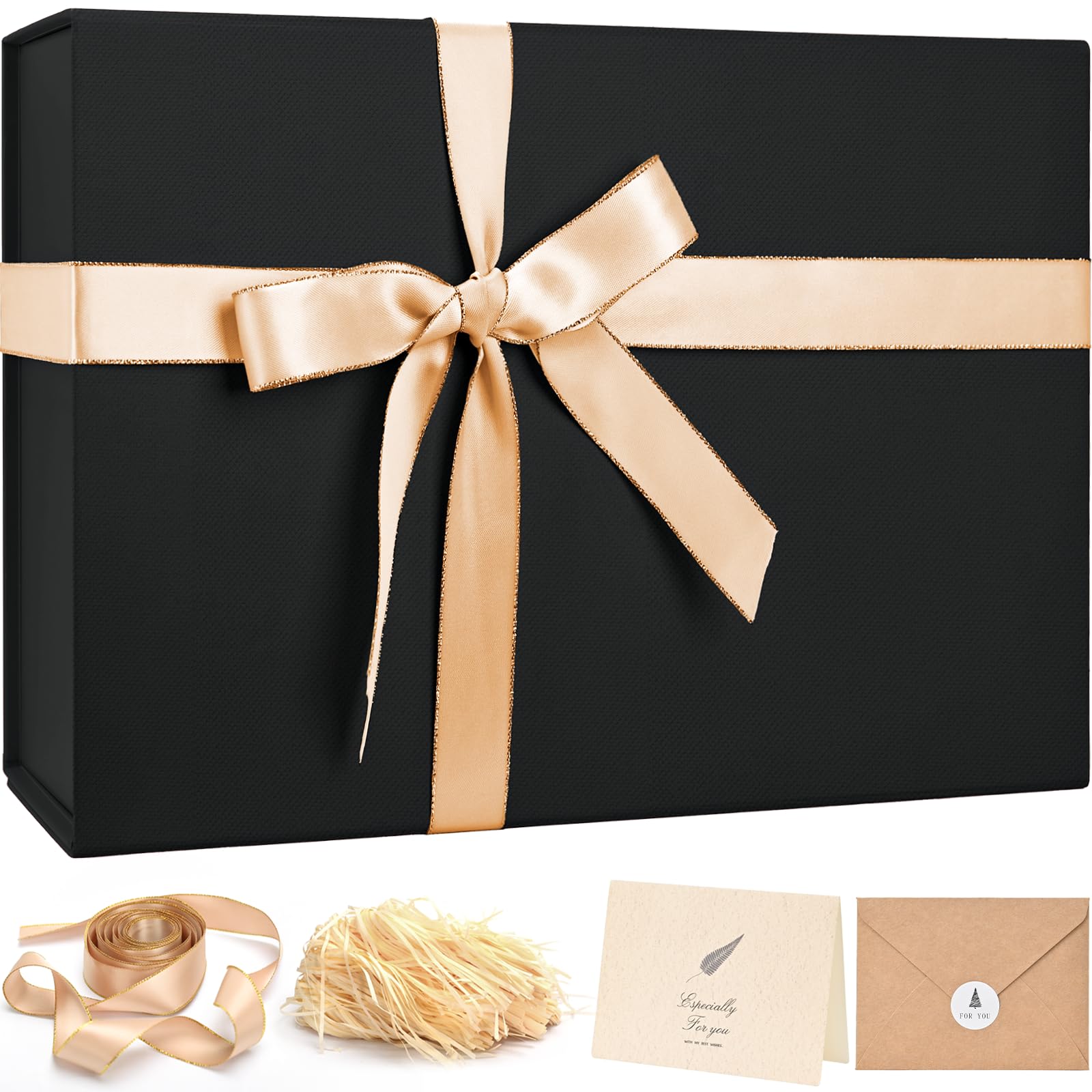 LIFELUM Large Gift Box 14"x8.5"x4.5" Birthday Gift Boxes for Presents for Anniversary Wedding Birthday,Black Gift boxes with Ribbon,Shredded Filler,Card