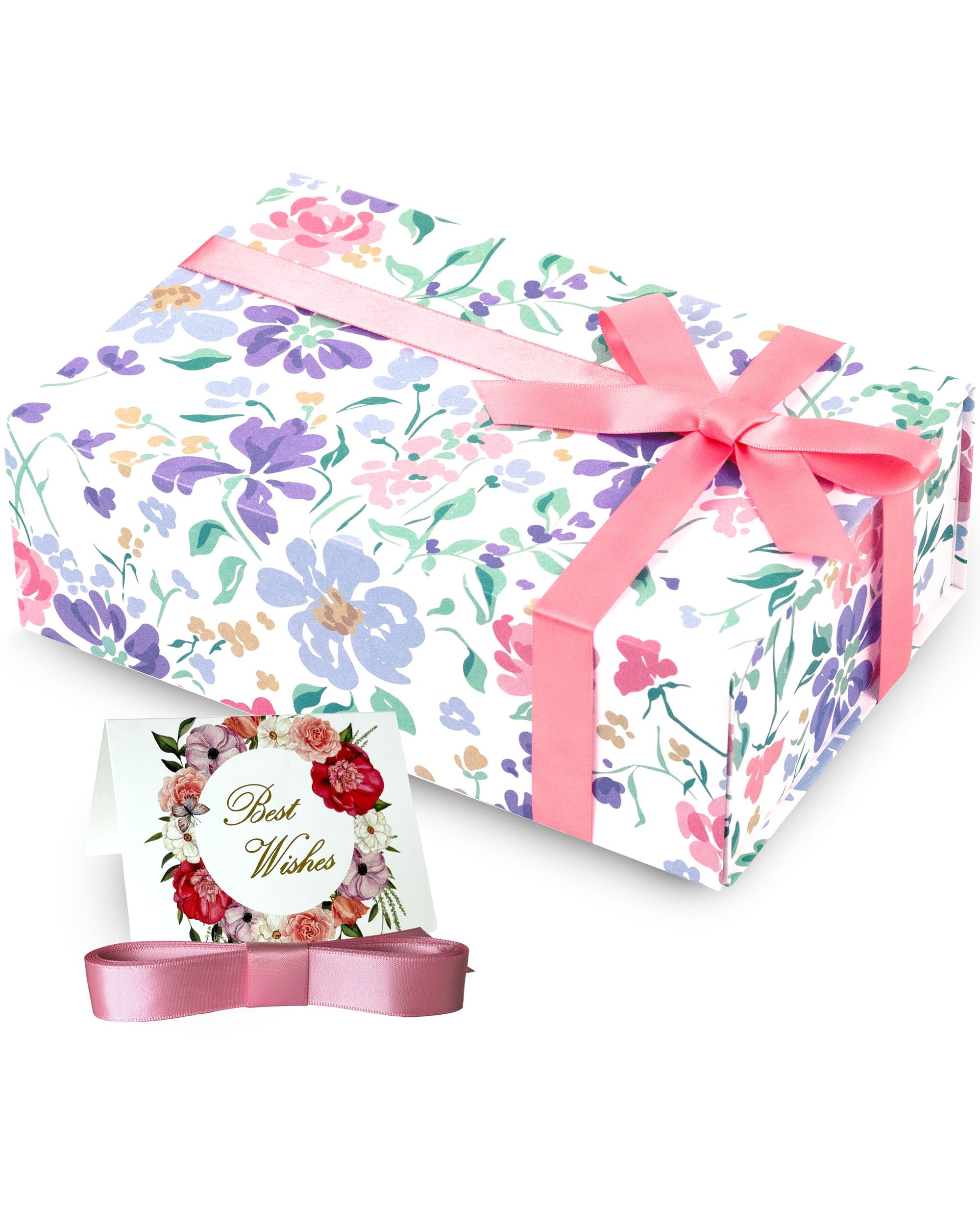 Floral Gift Box 9.5 X 6 X 3 inch for Women & Men With Magnetic Lid, Ribbon, Card, & Packing Paper Gift Box With Lid for Presents & Gifting on Christmas, Weddings, & Birthdays
