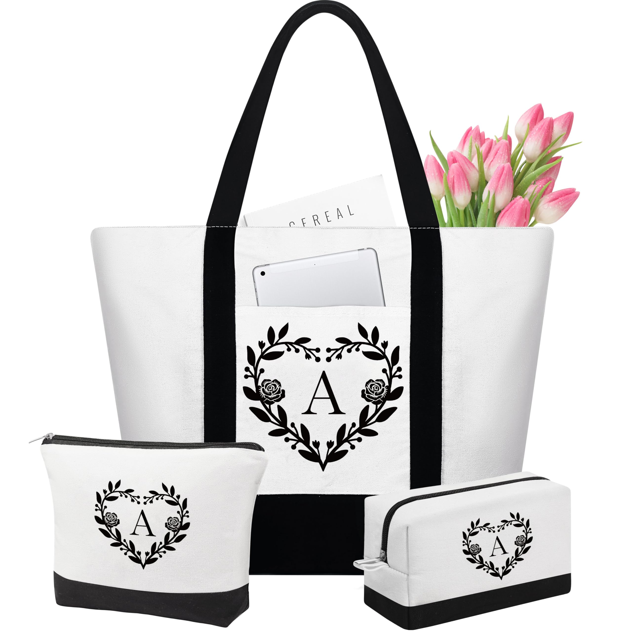 YOOLIFE Mothers Day Gifts for Women - Initial Tote Bag & Makeup Bag, Birthday Gifts for Women Mom Wife Teacher Friend