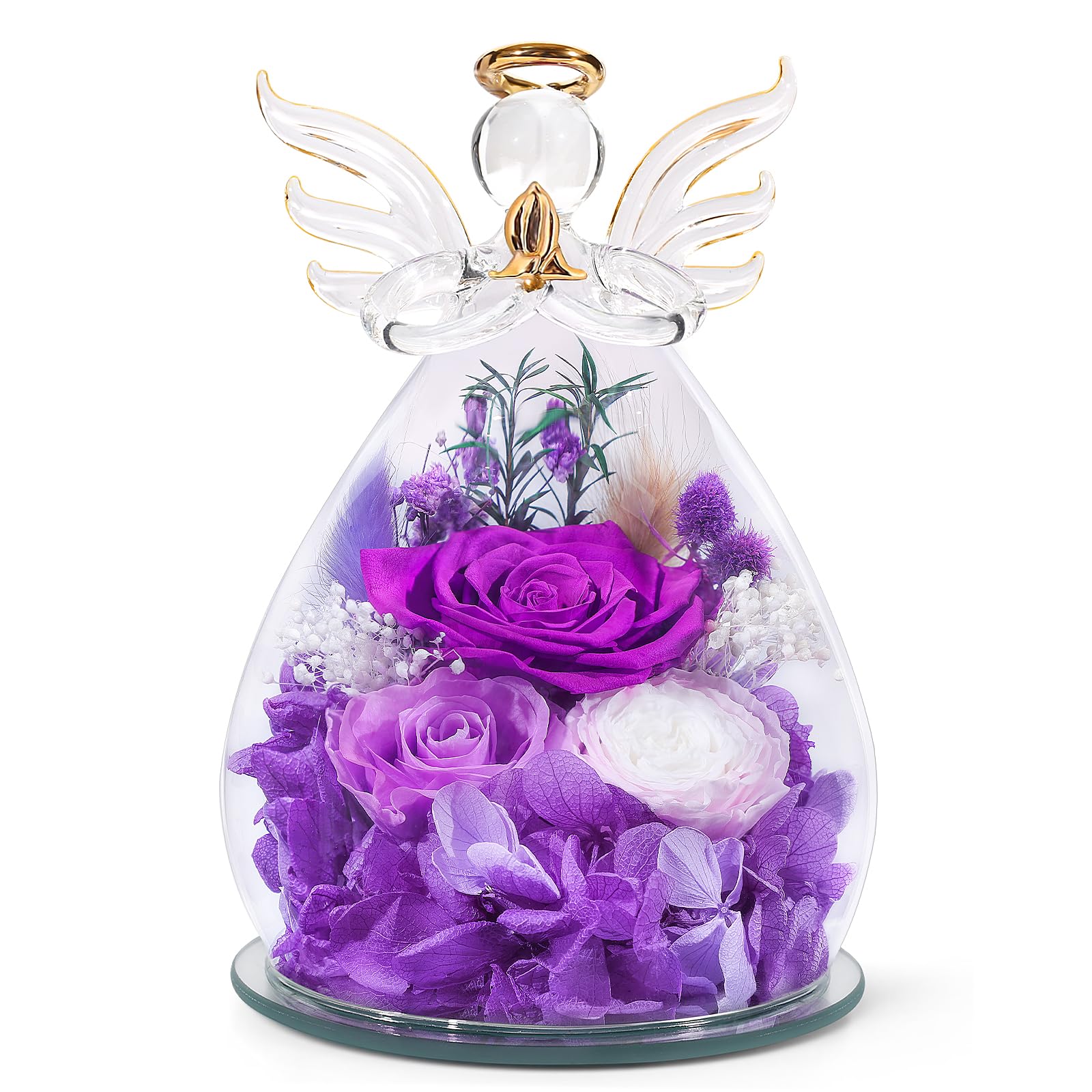 Mothers Day Birthday Gifts for Mom Preserved Rose Forever Fresh Flowers for Delivery Prime in Glass Angel Figurines Gifts for Women Real Purple Roses for Grandma Sister Wife Her from Daughter
