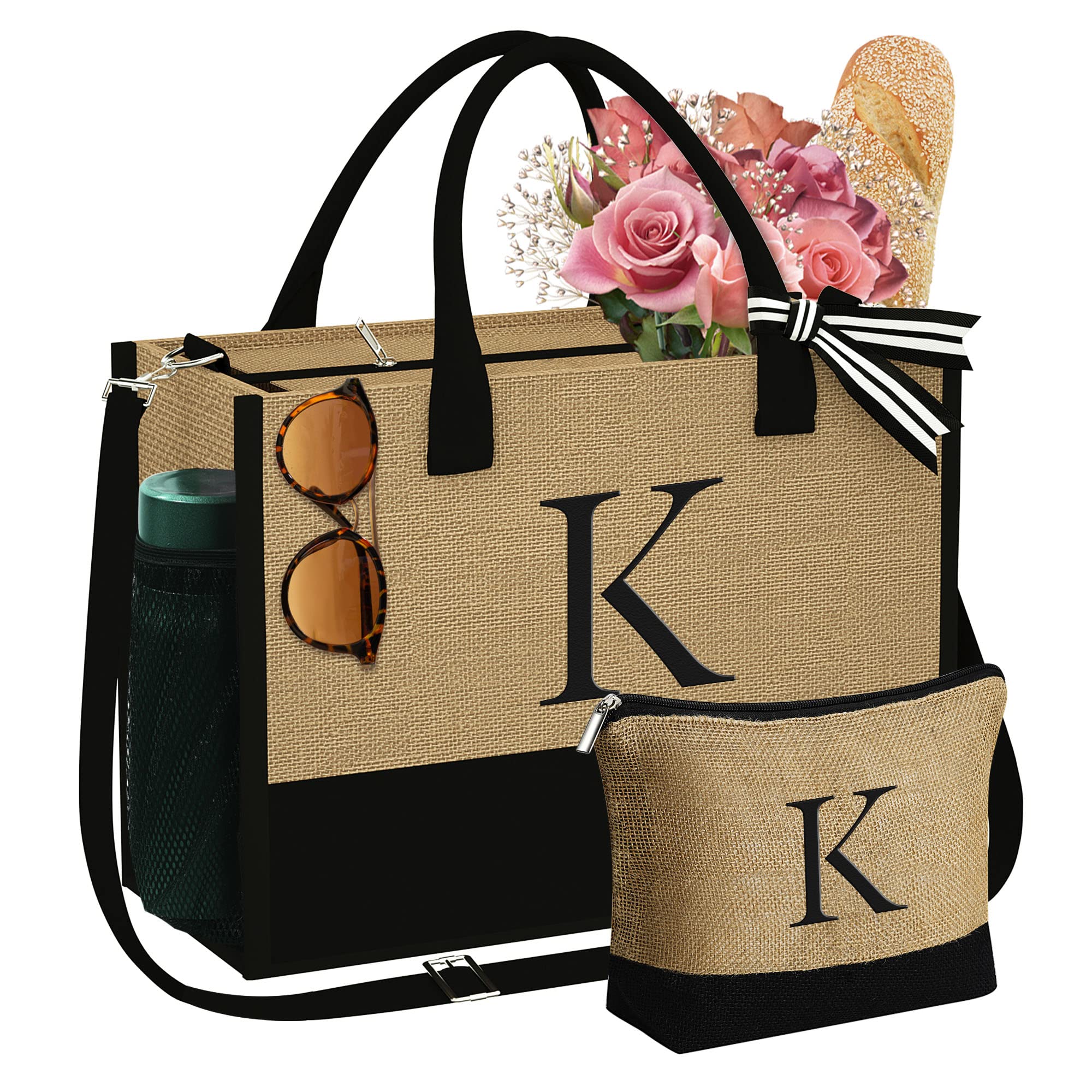 YOOLIFE Mothers Day Gifts - Initial Jute Tote Bag & Makeup Bag, Personalized Gifts for Women Mom Wife Teacher Friend Birthday