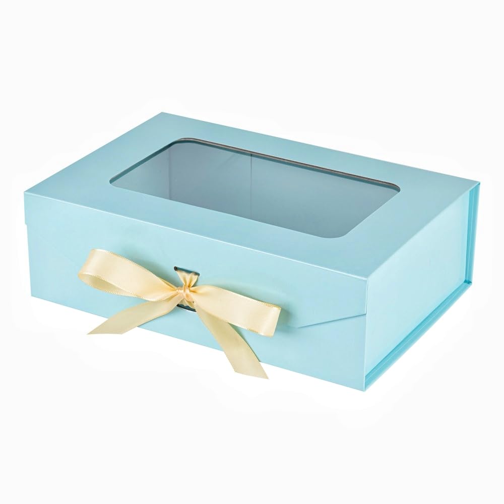 Blue Gift Box for Presents with Ribbon 10.8x7.5x3.5 Inches Clear Gift Box with Window Magnetic Closure Gift Boxes with Lids