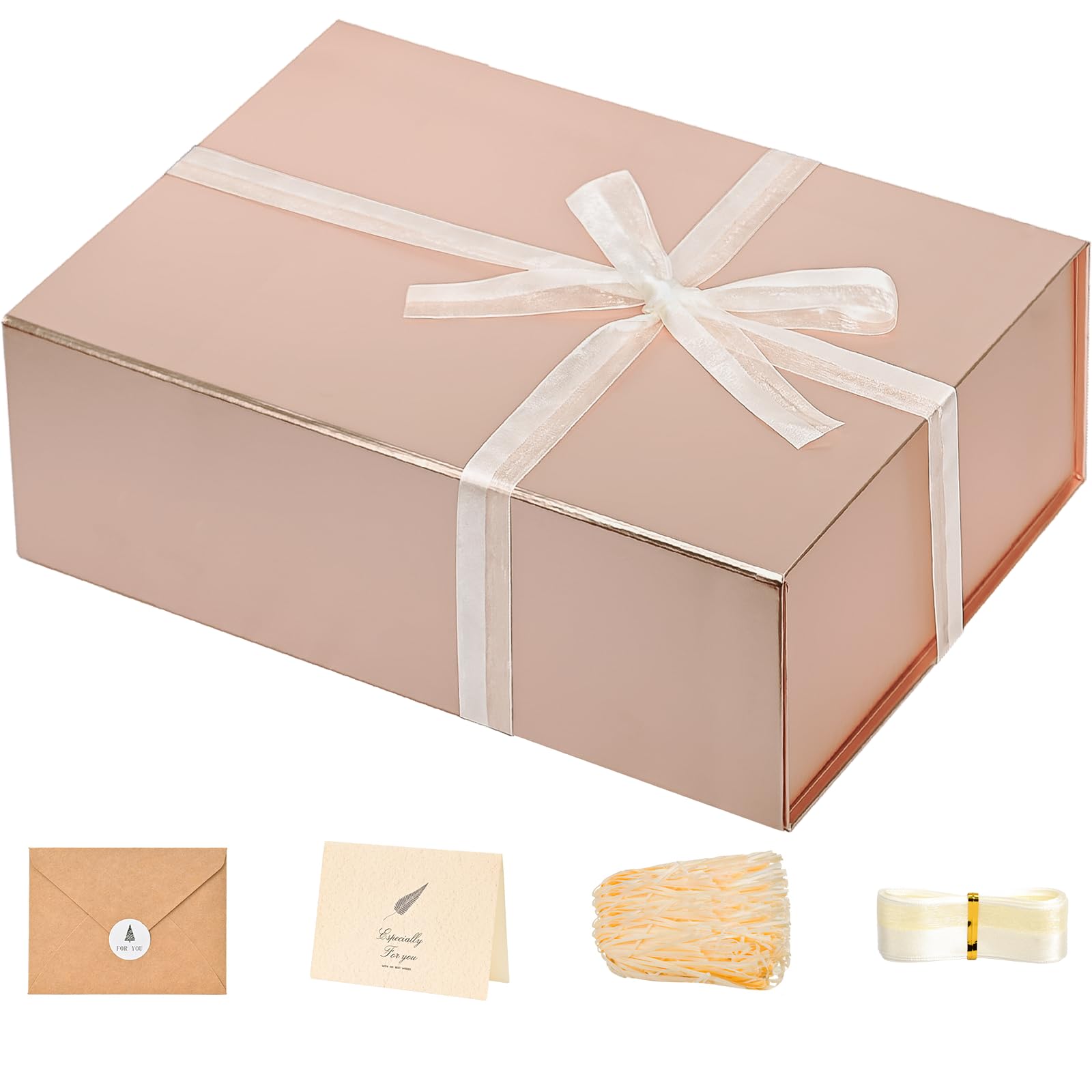 LIFELUM Gift Box for Presents 13 x 10 x 4.7 inch Rose Gold Luxury Gift Box with Magnetic Lid Gift Boxes Contains Card, Ribbon, Shredded Paper Filler Gifts for Women (1Pcs)