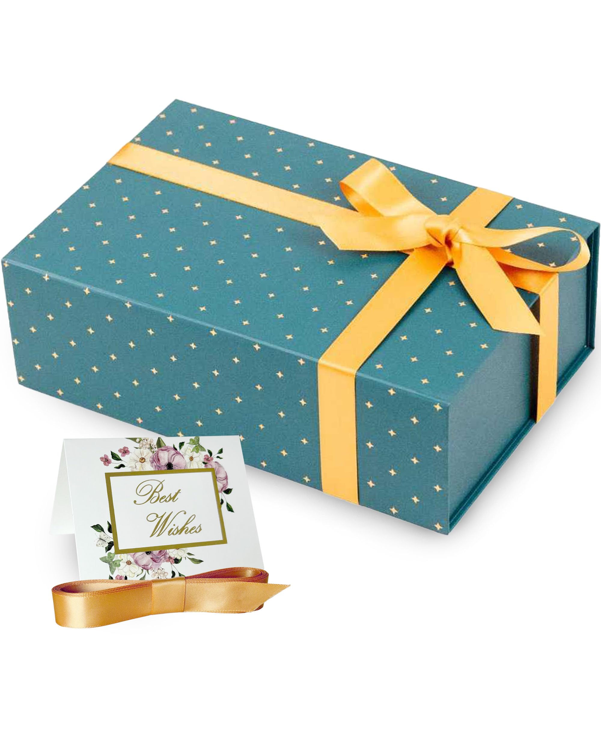 Green & Gold Gift Box 9.5 X 6 X 3 inch for Women & Men With Magnetic Lid, Ribbon, Card, & Packing Paper Gift Box With Lid for Presents & Gifting on Christmas, Weddings, & Birthdays
