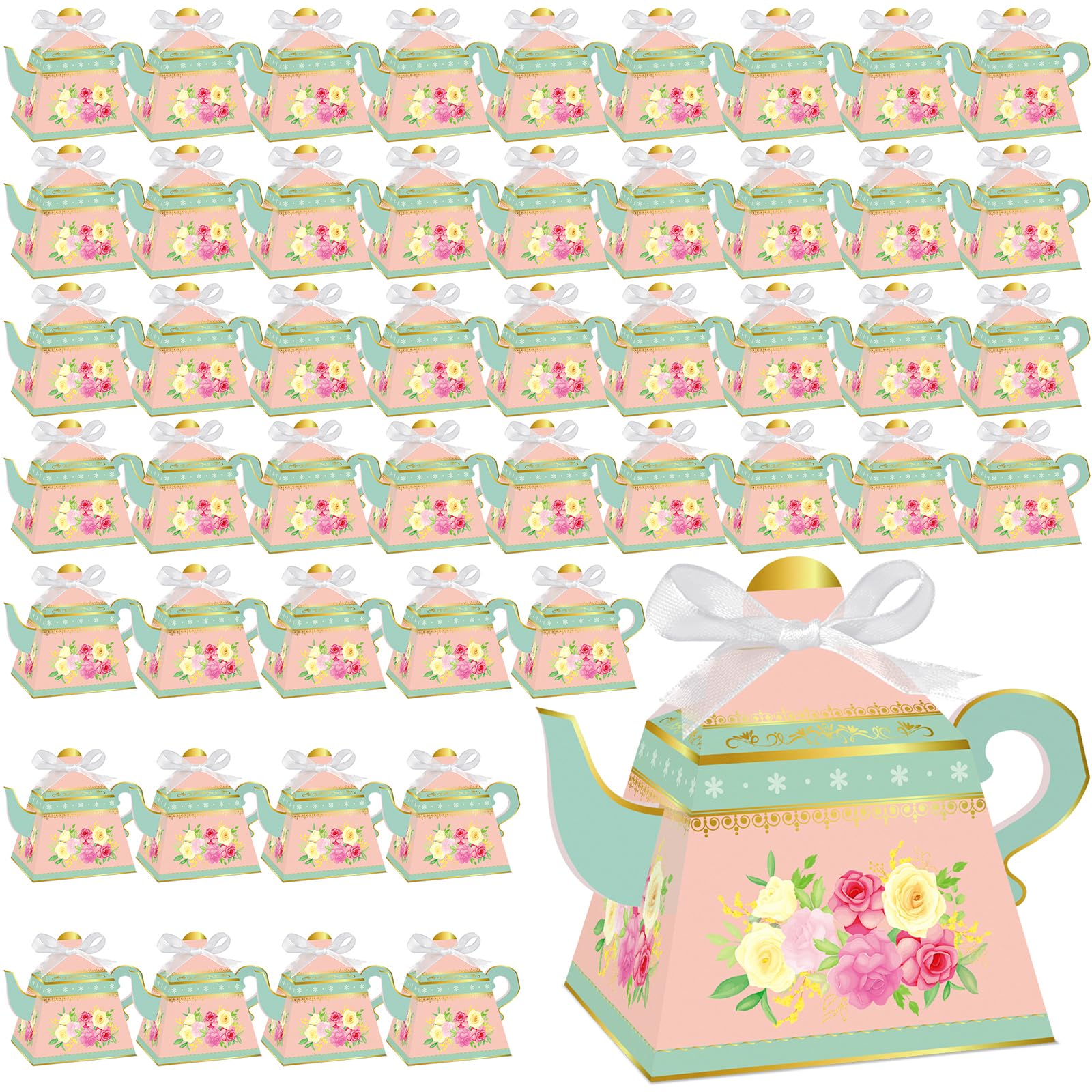 Renbuzhu 50Pcs Tea Party Favors Boxes Decorations - Floral Teapot Flower Gift for Girl Women Garden Bridal Shower Wedding Birthday Supplies