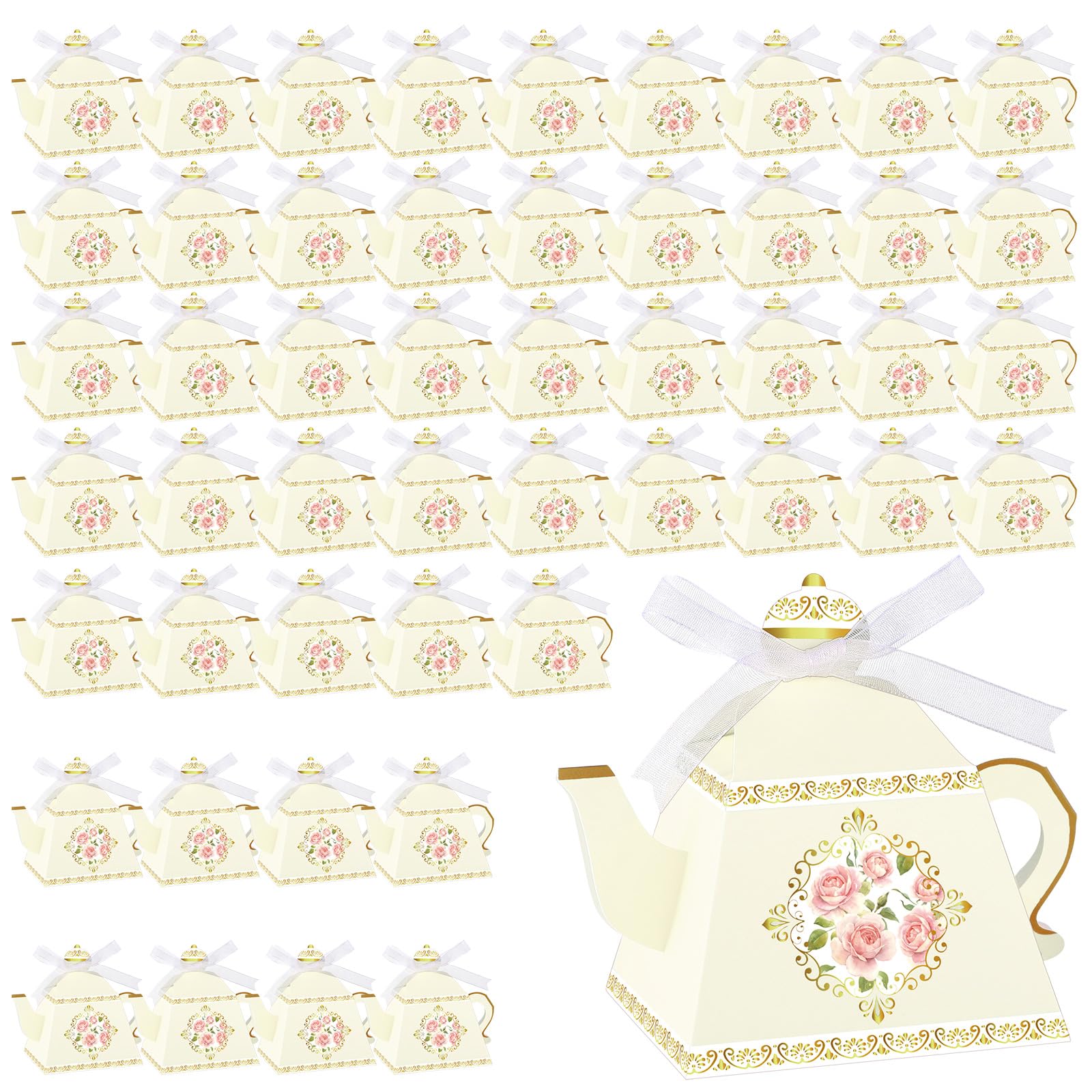 Fuutreo 50 Pcs Tea Party Favor Boxes Tea Party Decorations Vintage Floral Teapot Box Flower Teapot Candy Gift Case for Women Spring Garden Wedding Bridal Shower Birthday(Light Yellow)