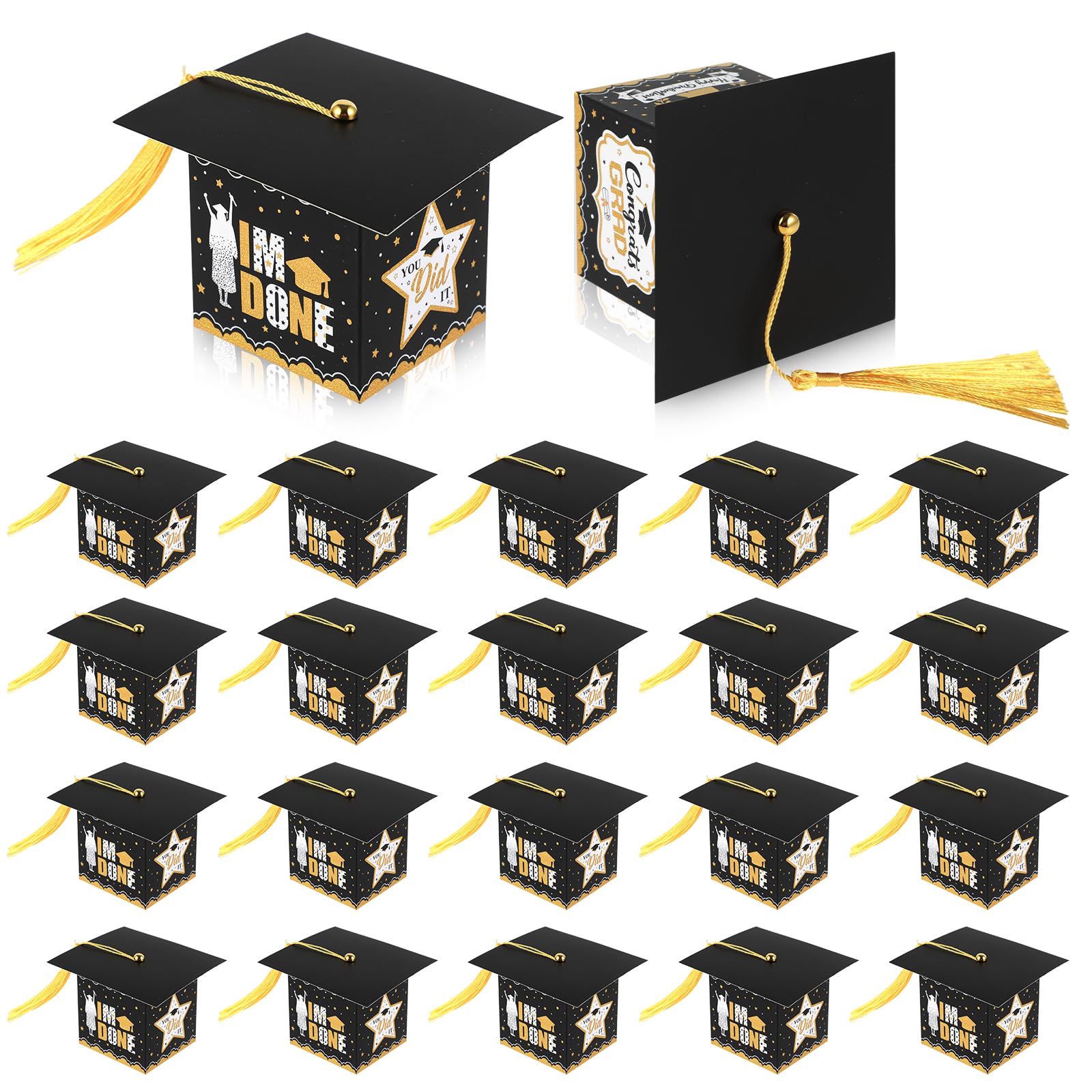 Abeillo 20Pcs Graduation Cap Gift Boxes, Congrats Grad Candy Boxes with Gold Tassel, Congrat Chocolate Gift Box Class of 2025 Grad Party Favor Supplies