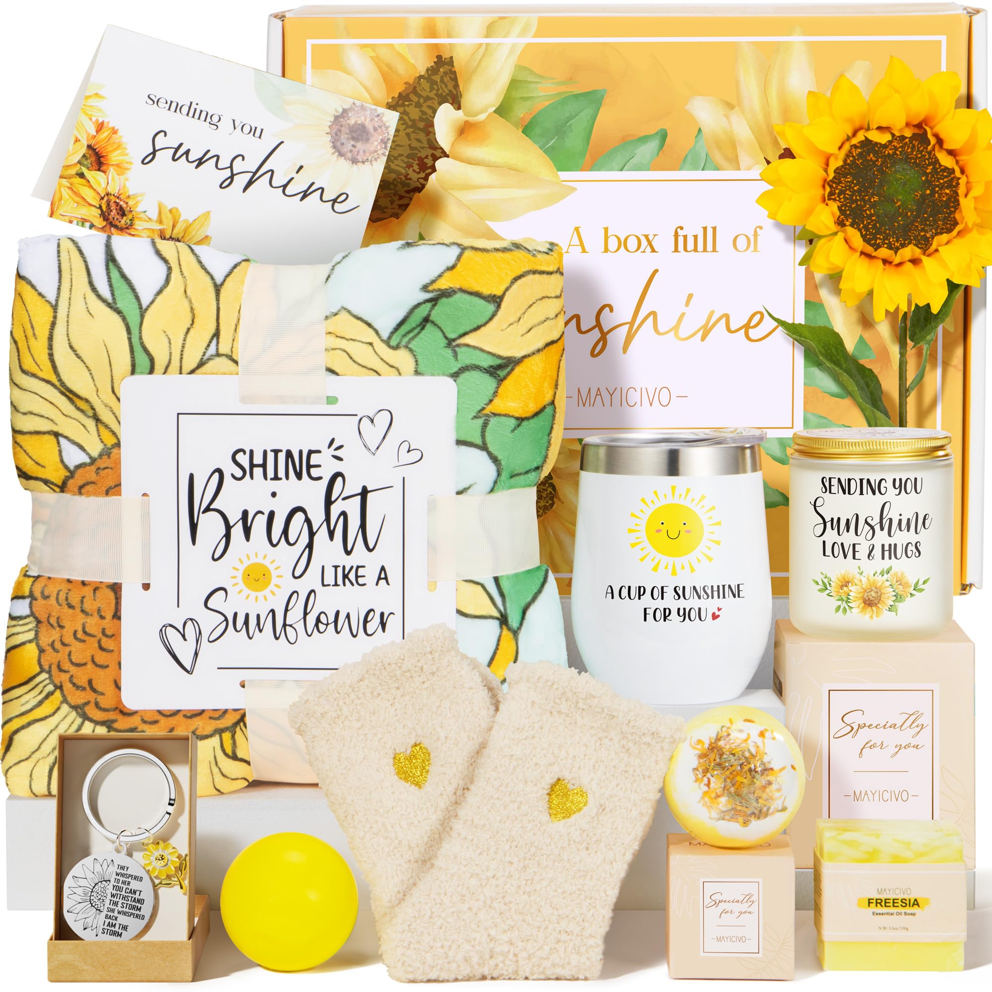Sending Sunshine Gifts for Women, 11Pcs Sunflower Gifts Care Package for Women Get Well Soon Gifts Basket,Thinking of You Gift Unique Mothers Day Birthday Gifts w/ Blanket for Mom Her Sister Friend