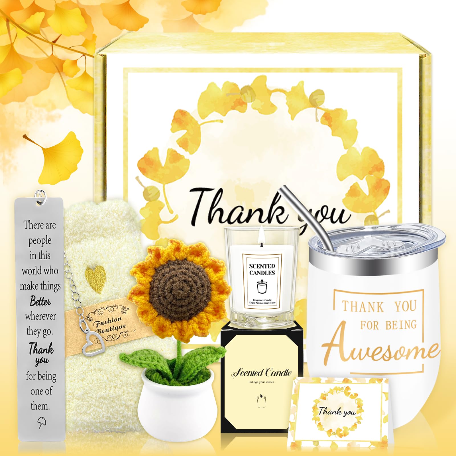 Gift Baskets for Women, Thank You Gifts for Women, 6 Pcs Appreciation Gifts for Coworker, Teacher, Boss, Employee, Mom, Farewell Gift for Coworkers, Thank You Baskets with Tumbler, Crochet Sunflower