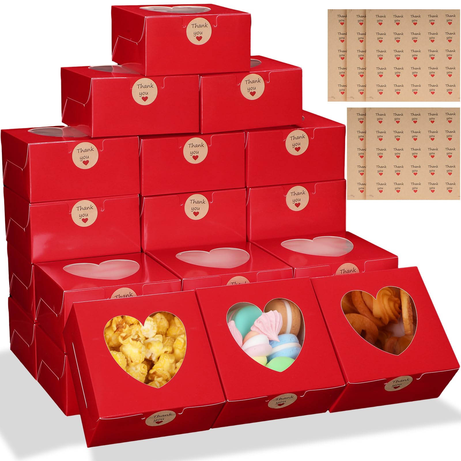 Janlaugh 100 Pcs Red Bakery Boxes for Women Mother with Window Heart Cupcake Treat Cookie Dessert Box Bulk Mom Gift for Chocolate Strawberries Donuts Candy Party Favor (5x5x2.5 Inch)