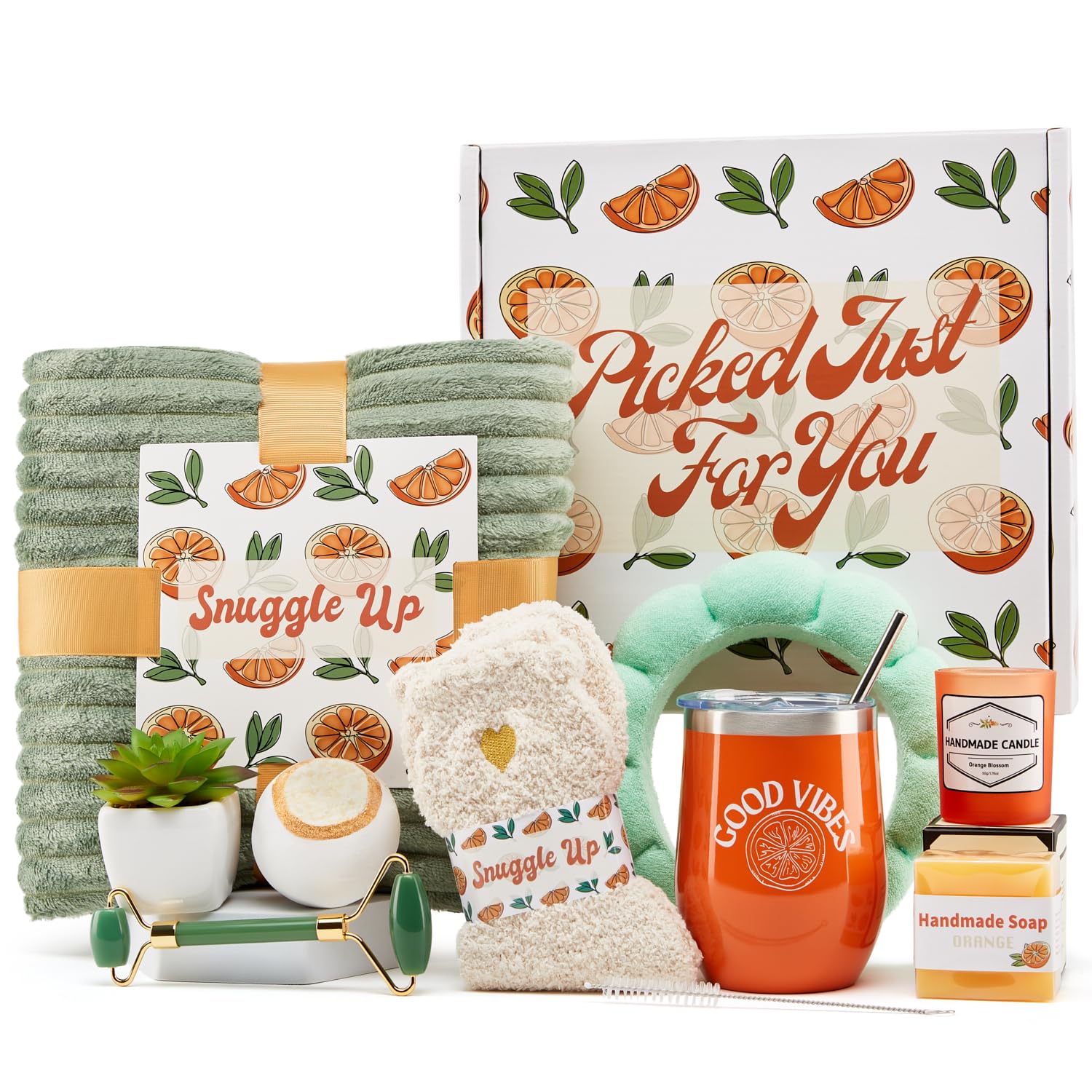 Sunny&Wise Care Package For Women - Designed in USA - Self Care Gifts After Surgery, Get Well Soon, Orange Fruit Themed, Thinking of You, 12 Oz Good Vibes Tumbler