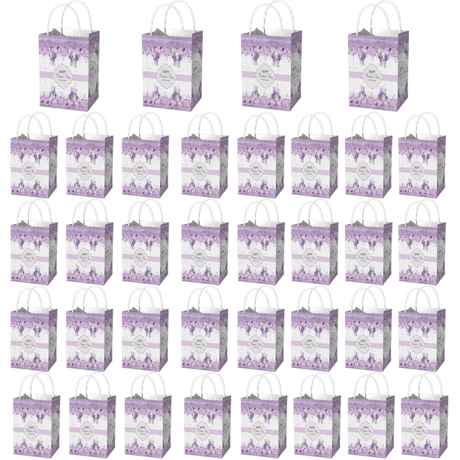48 Pcs Mother's Gift Bags Happy Mother's Day Candy Bags with Handles Purple Floral Design Paper Gift Pouch for Women Valentine Anniversary Birthday Party Goodies Treat Box 3.15×5.9×11 Inch