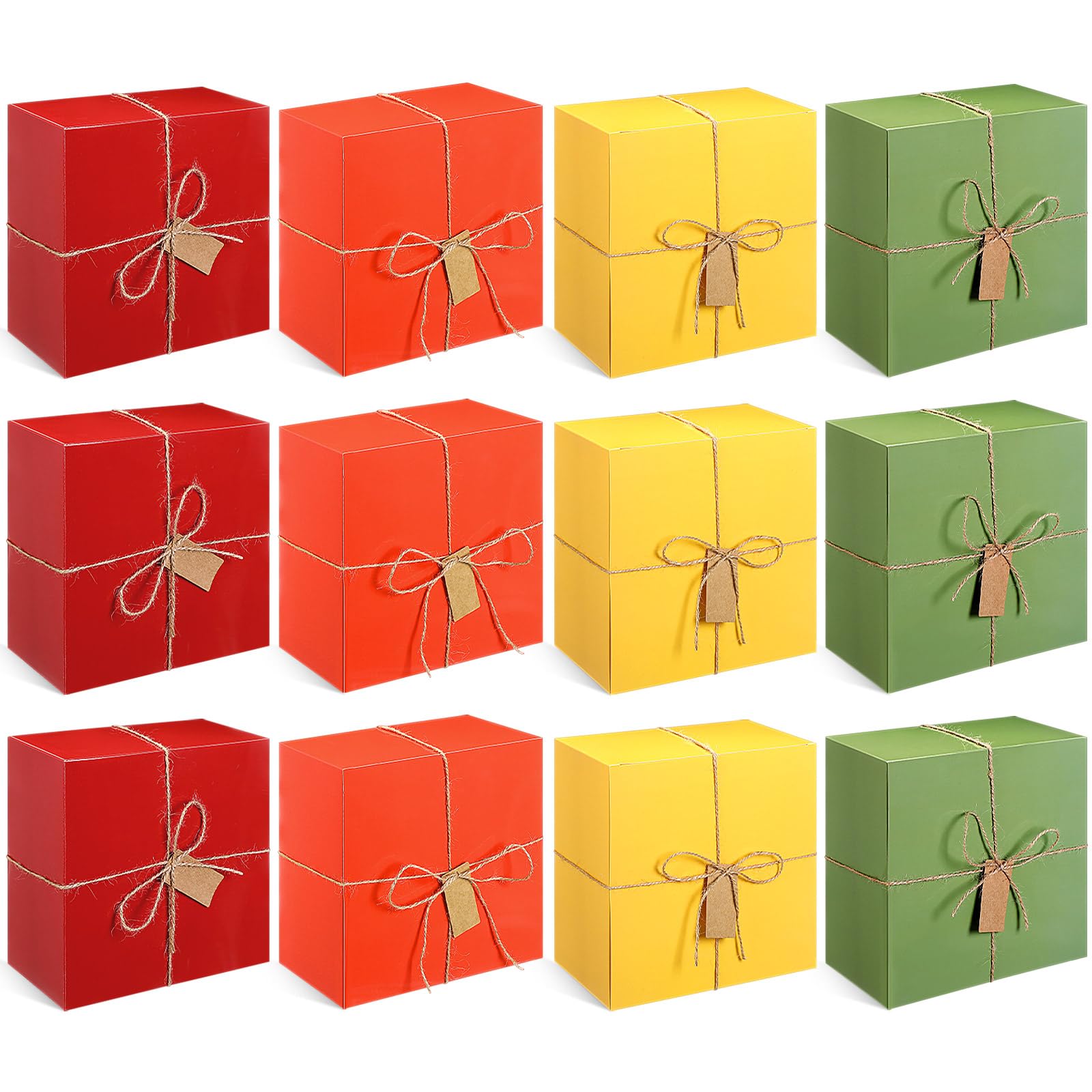 Lincia 24 Set 8'' x 8''x 4'' Fall Gift Boxes Thanksgiving Square Cardboard Box with Lid Bulk Bridesmaid Proposal Box with Jute Rope and Tag for Women Gift Wrapping