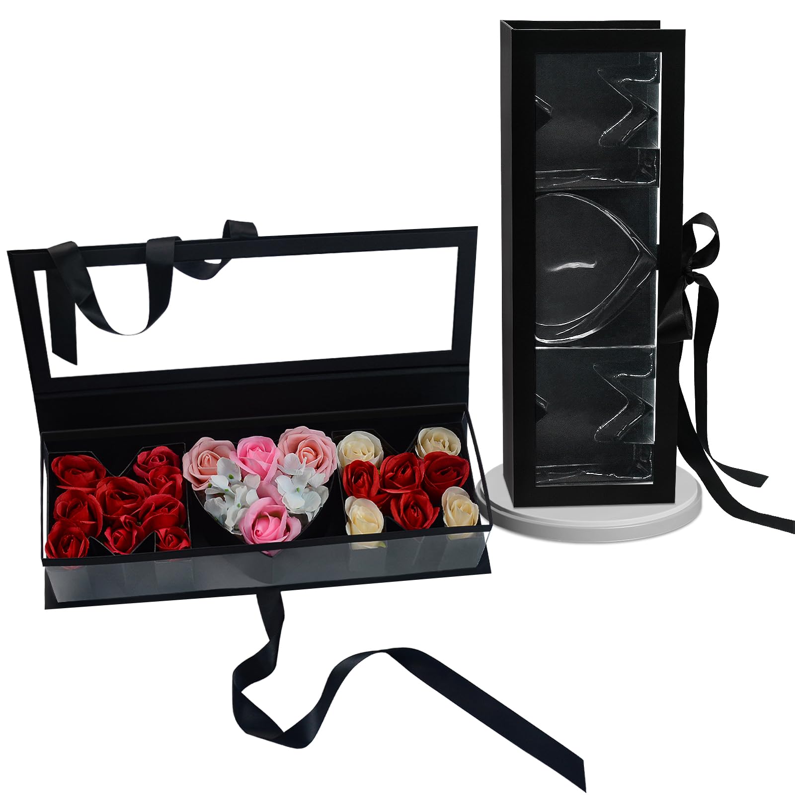 Empty Mother's Day Flower Box: MOM Letters Shaped Fillable Cardboard Boxes with Ribbon and Lid for Mothers Birthday, Valentine's Day, Christmas, Roses Chocolate Jewelry Packaging, DIY Bouquet (Black)
