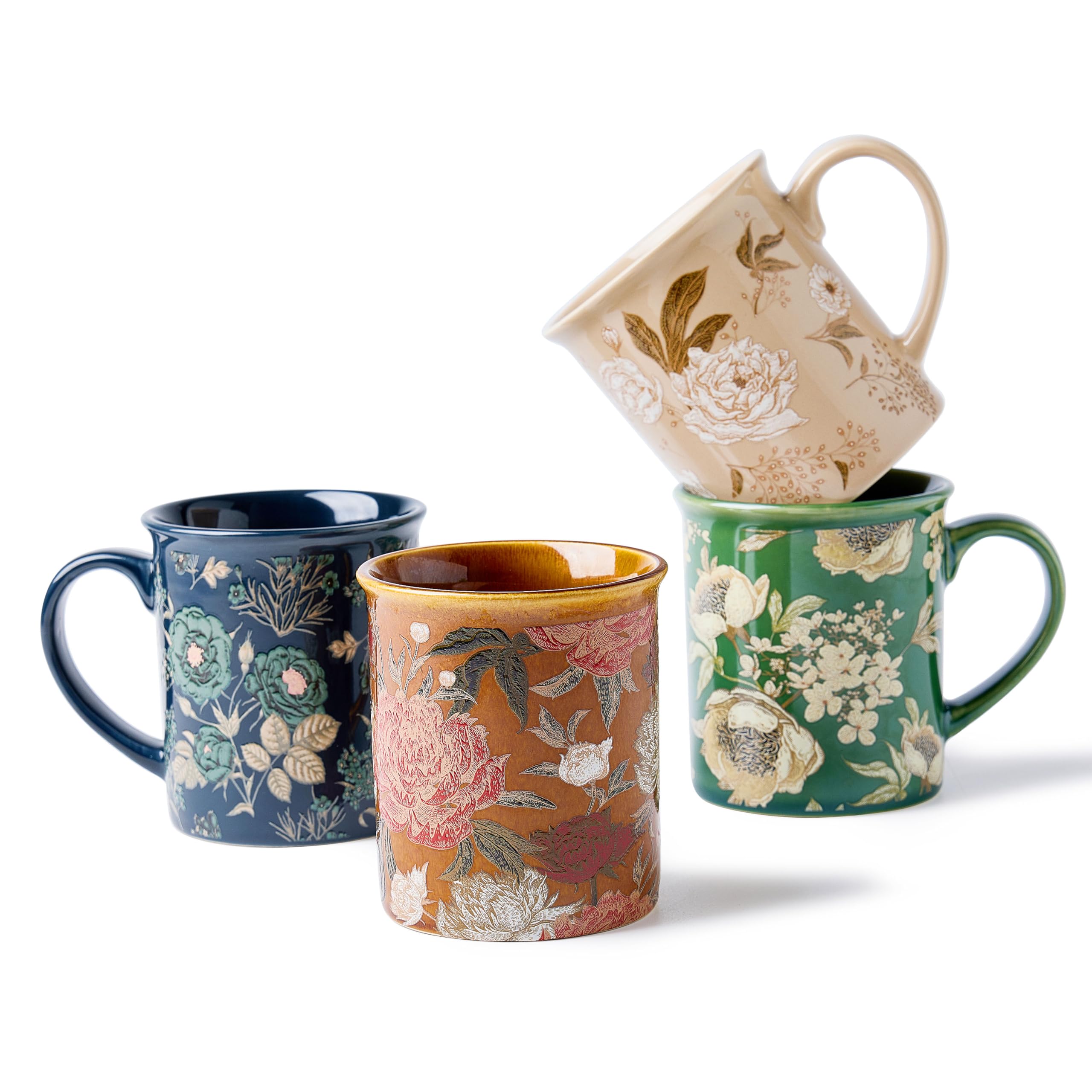 Coffee Mugs Set of 4, 12oz Ceramic Tea Cups with Floral Design, Microwavabl, Dishwasher Safe, Gift Box, Perfect for Cappuccino, Latte, Hot Chocolate–Tazas Para Café Bonitas (Royal Bloom)