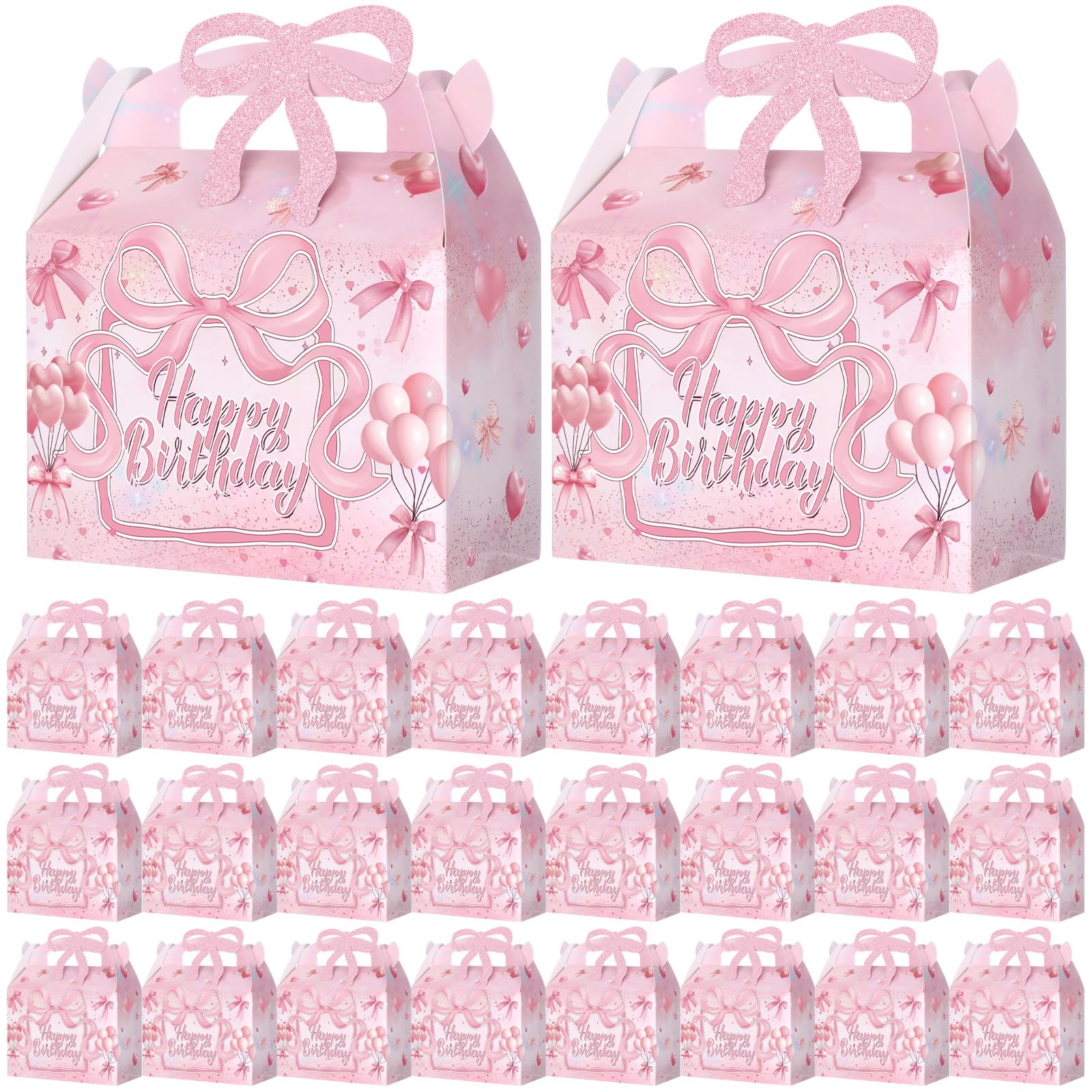 24pcs Coquette Pink Bow Party Favor Boxes Pink Bow Treat Boxes Glitter Bow Candy Gift Coquette Happy Birthday Decorations for Women Birthday Supplies Wedding Bachelorette Party